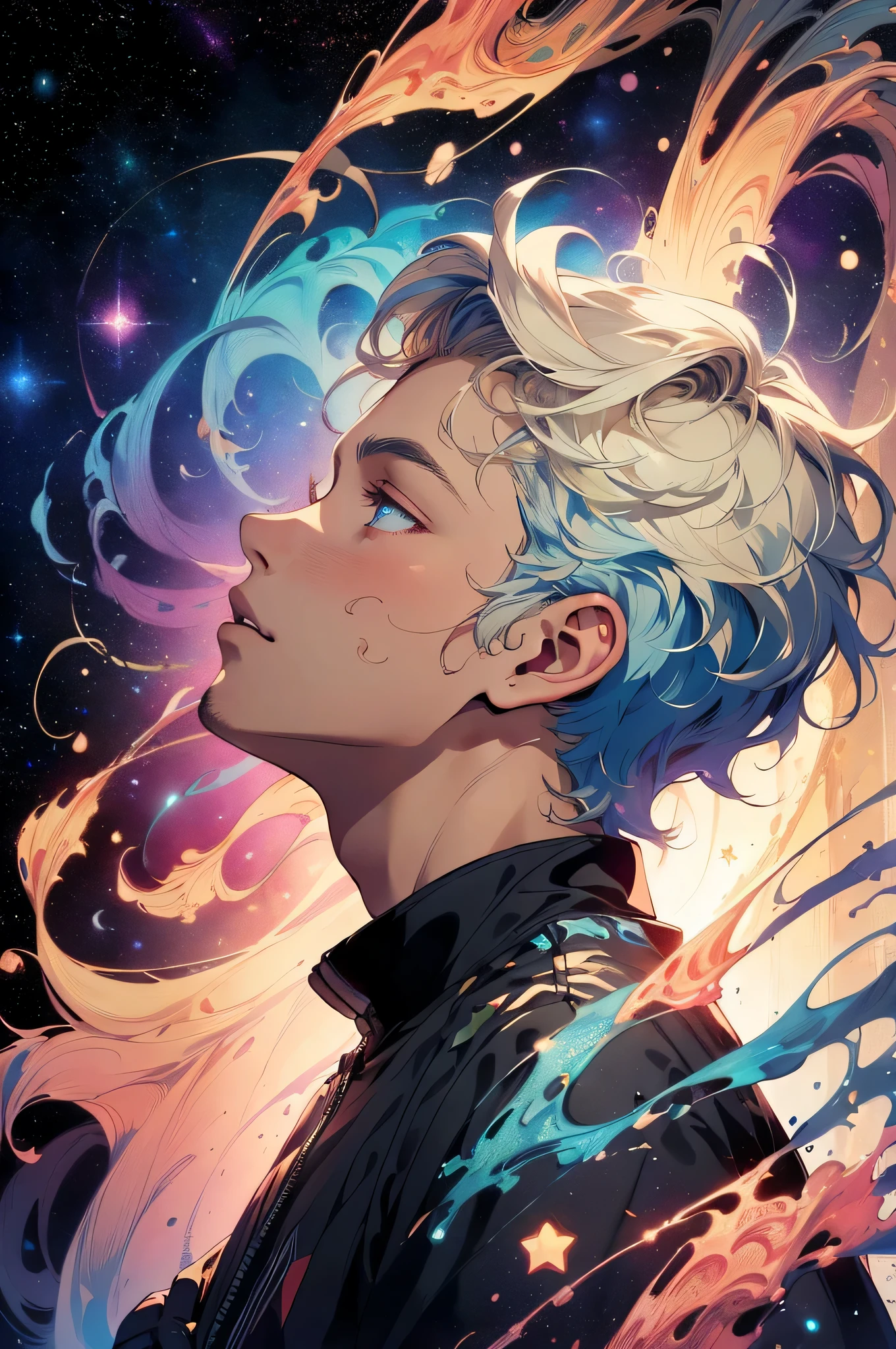 actual, (masterpiece, top quality, best quality, official art, Beauty and Aesthetics: 1.2), Very detailed, Fractal art, rich and colorful, most detailed, tangled, (abstract background: 1.5) (1 boy: 1.3), God, blonde hair, short hair,contour,  (glowing blue eyes, starry sky, handsome man, (((Glorious Licorice)))