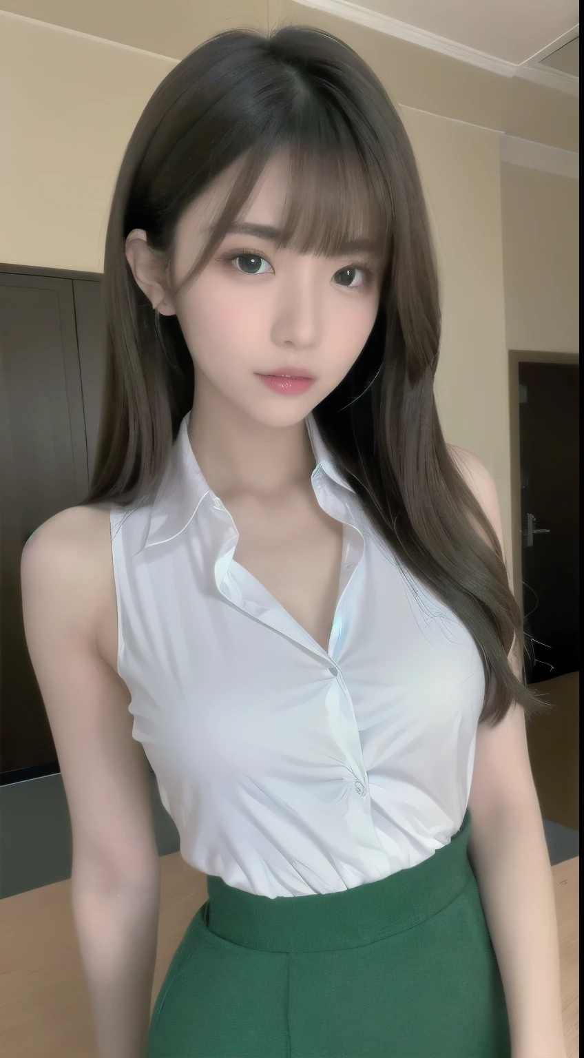 (best quality, 8k, on the table, ultra high definition: 1.3), 1 girl in,  ,light brown hair, blunt bangs, hair behind ears, hair past shoulders, long hair,  Slender body shape, Super thin face, delicate lips, beautiful eyes, double eyelids, lipstick, thin blush ,green eyes ,perfect glowing skin,flawless skin,White skin,sweating,Invite your gaze, Chest,ultra thin, Super thin fingers, collared shirt, tight skirt ,  ,pump. campus