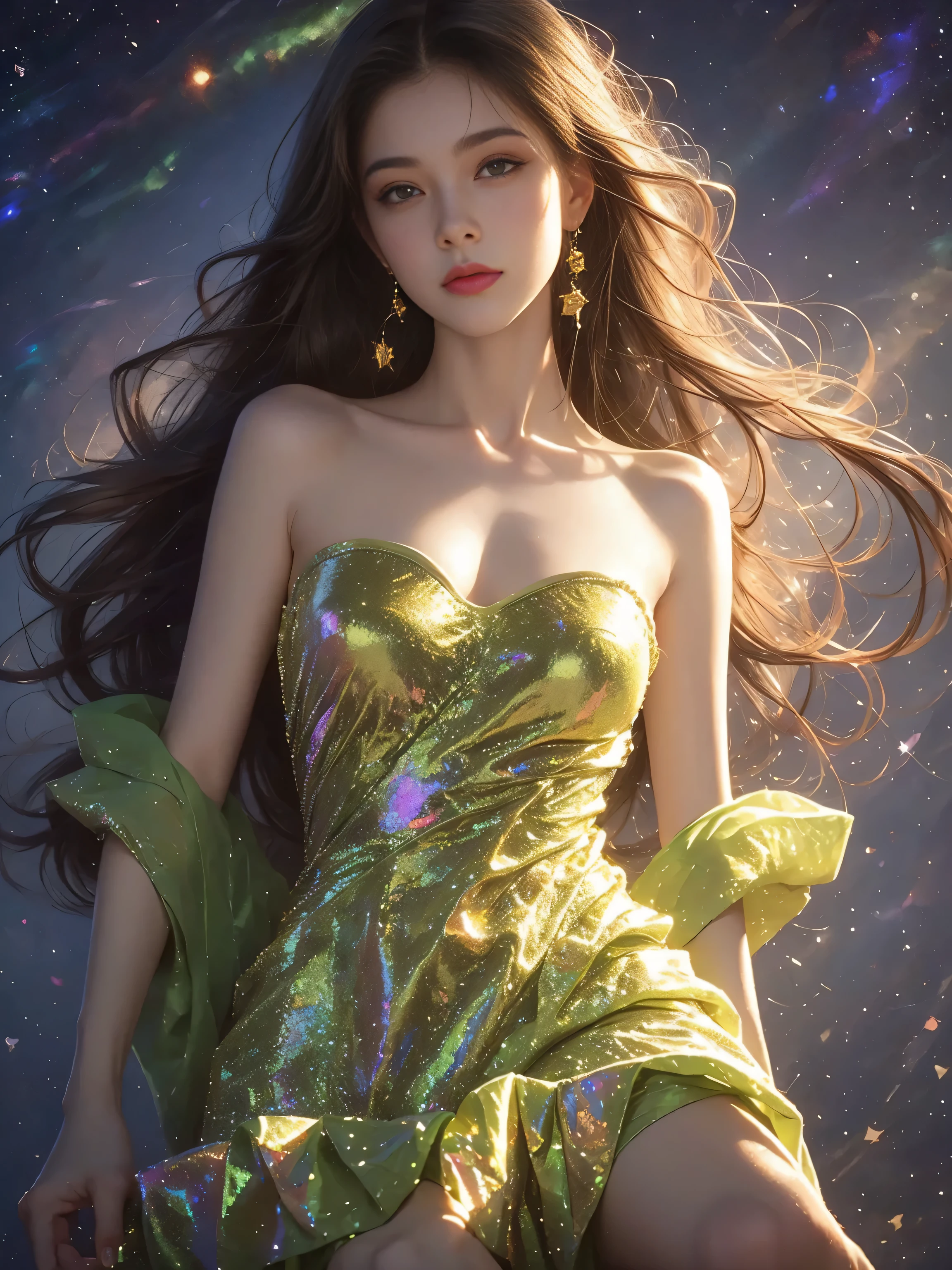 Psychedelic style 1girl,alone,Wide-angle lens,(Wide dress made of milky way and stars:1.3),bare shoulders,Strapless,jewelry,earrings,blonde hair,long hair,high angle shot,surreal,fantasy,Dreamy,masterpiece,best quality,high resolution,Exquisite details,. bright colors,swirl pattern,abstract form,surreal,Psychedelic,full_Body,