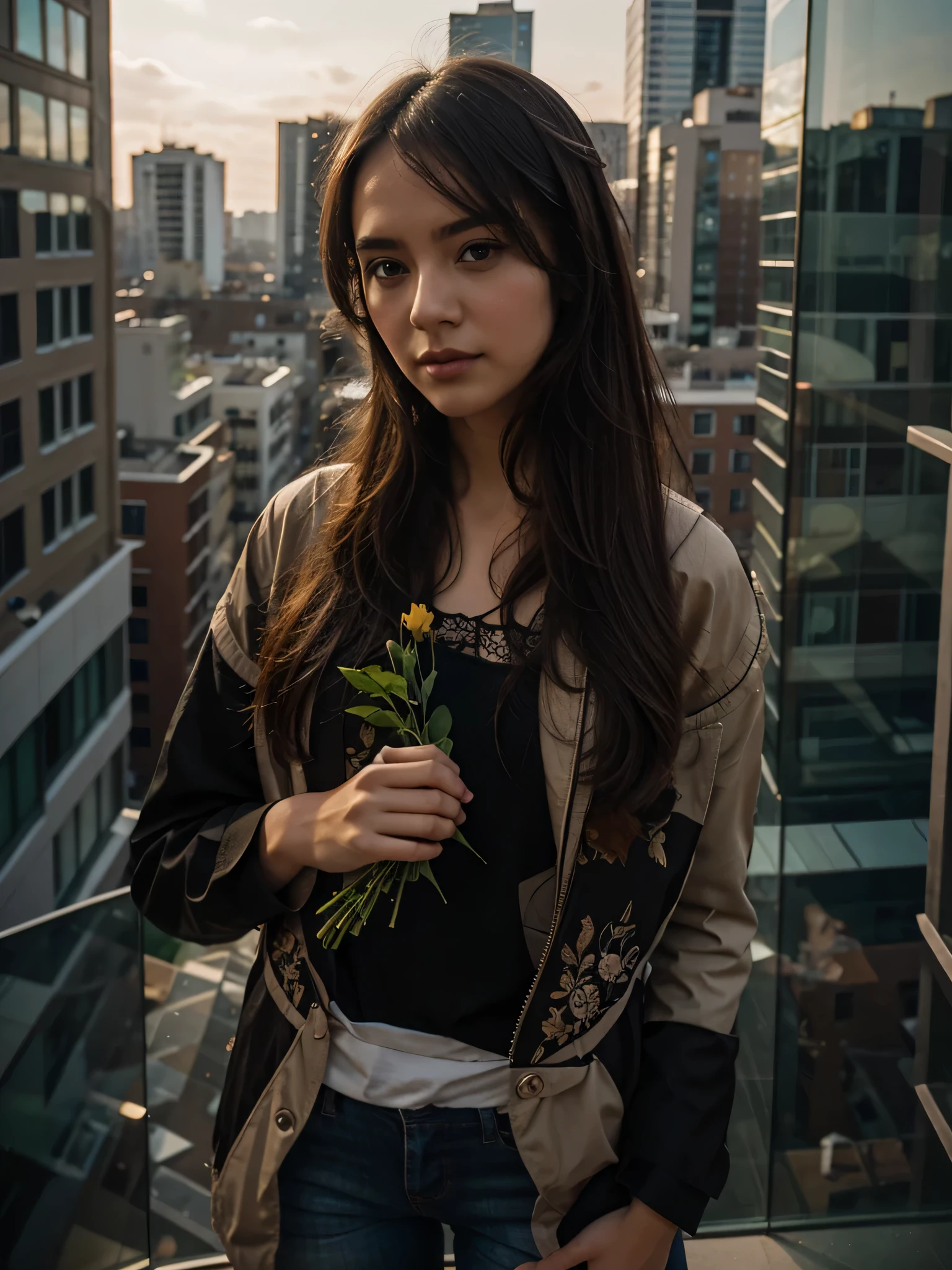 woman stands on the balcony and holds a bouquet of flowers, stock photo of Nadya Rusheva, Instagram contest winner, Aestheticism, photo taken on ektachrome, photo taken on Nikon D750, photo taken with Provia