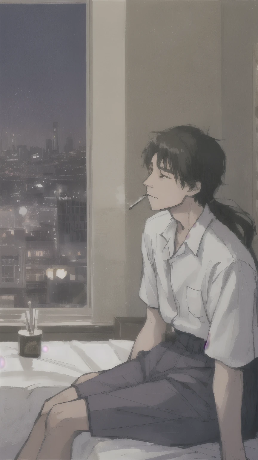 Man with long hair、sit on the bed and smoke a cigarette、