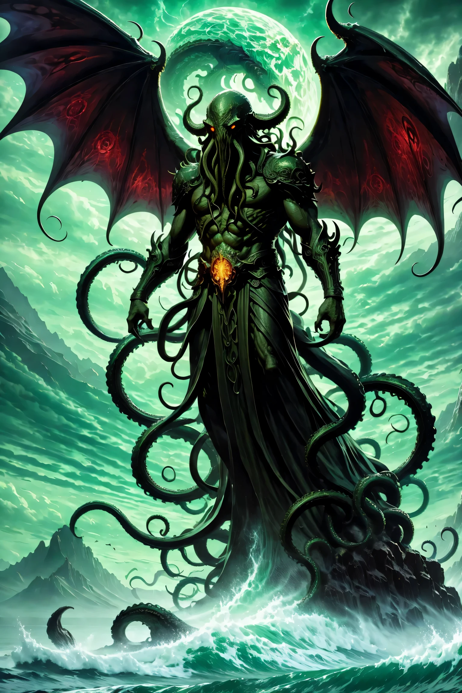 The mysterious emissary of Cthulhu,ominous dark atmosphere,The Awakened Ancient God,detailed tentacles,eyes of cosmic fear,memorial statue,bright colors,spider,terrible existence,strong and muscular,Under the moonlight,ominous shadow,Exquisite ancient runes,central symmetry,Evil silhouette of huge wings,dark magic,portrait,fear,otherworldly,occultism,Gothic,sublime imagery.(best quality,4k,8k,high resolution,masterpiece:1.2),Super detailed,(actual,photoactual,photo-actual:1.37)
