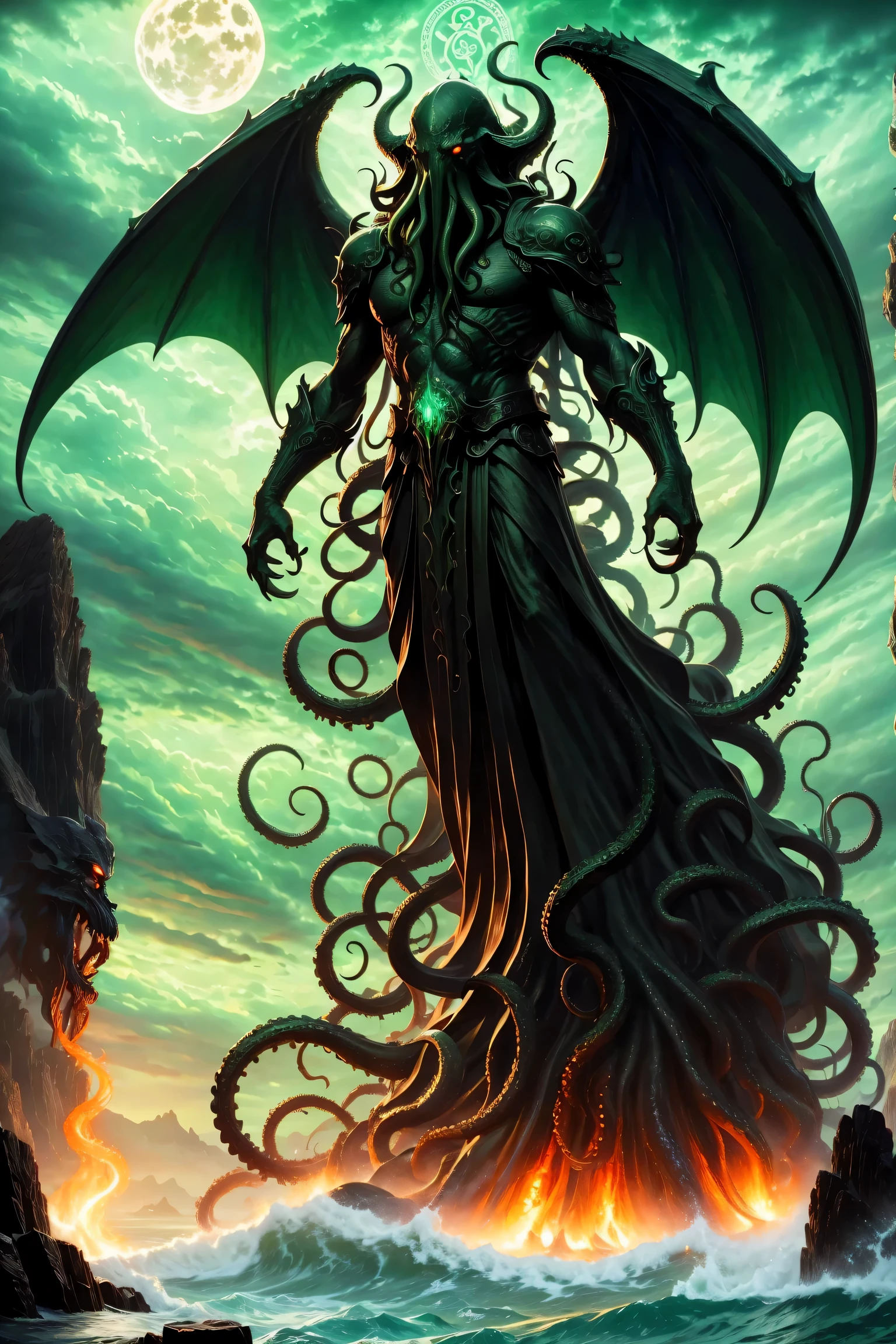 The mysterious emissary of Cthulhu,ominous dark atmosphere,The Awakened Ancient God,detailed tentacles,eyes of cosmic fear,memorial statue,bright colors,spider,terrible existence,strong and muscular,Under the moonlight,ominous shadow,Exquisite ancient runes,central symmetry,Evil silhouette of huge wings,dark magic,portrait,fear,otherworldly,occultism,Gothic,sublime imagery.(best quality,4k,8k,high resolution,masterpiece:1.2),Super detailed,(actual,photoactual,photo-actual:1.37)