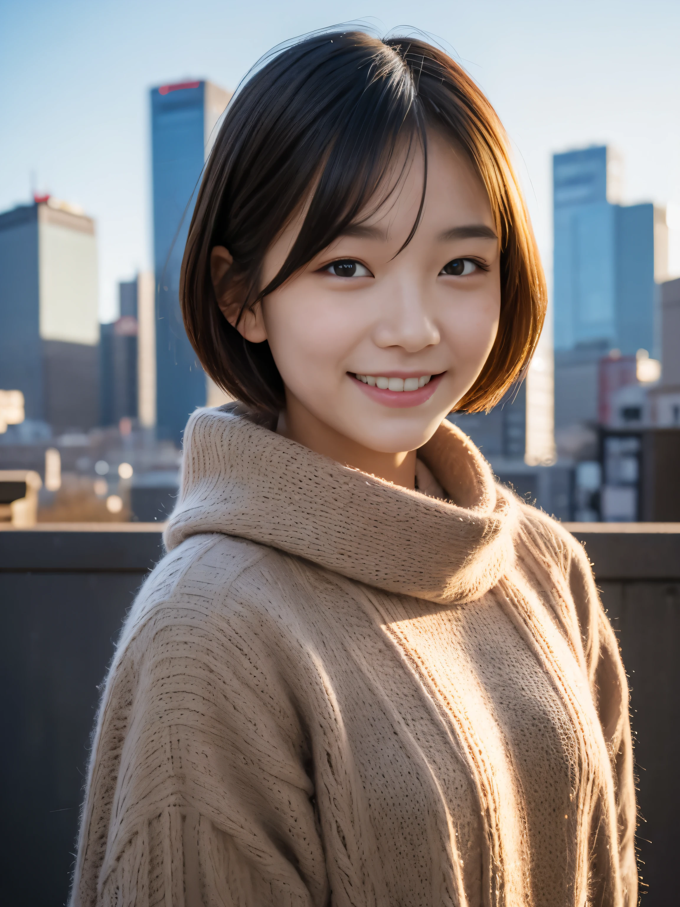 Photoreal, 8k, full body portrait, Beautiful woman, attractive appearance, slight smile, short hair, , Tokyo, winter, With Shibuya in the background