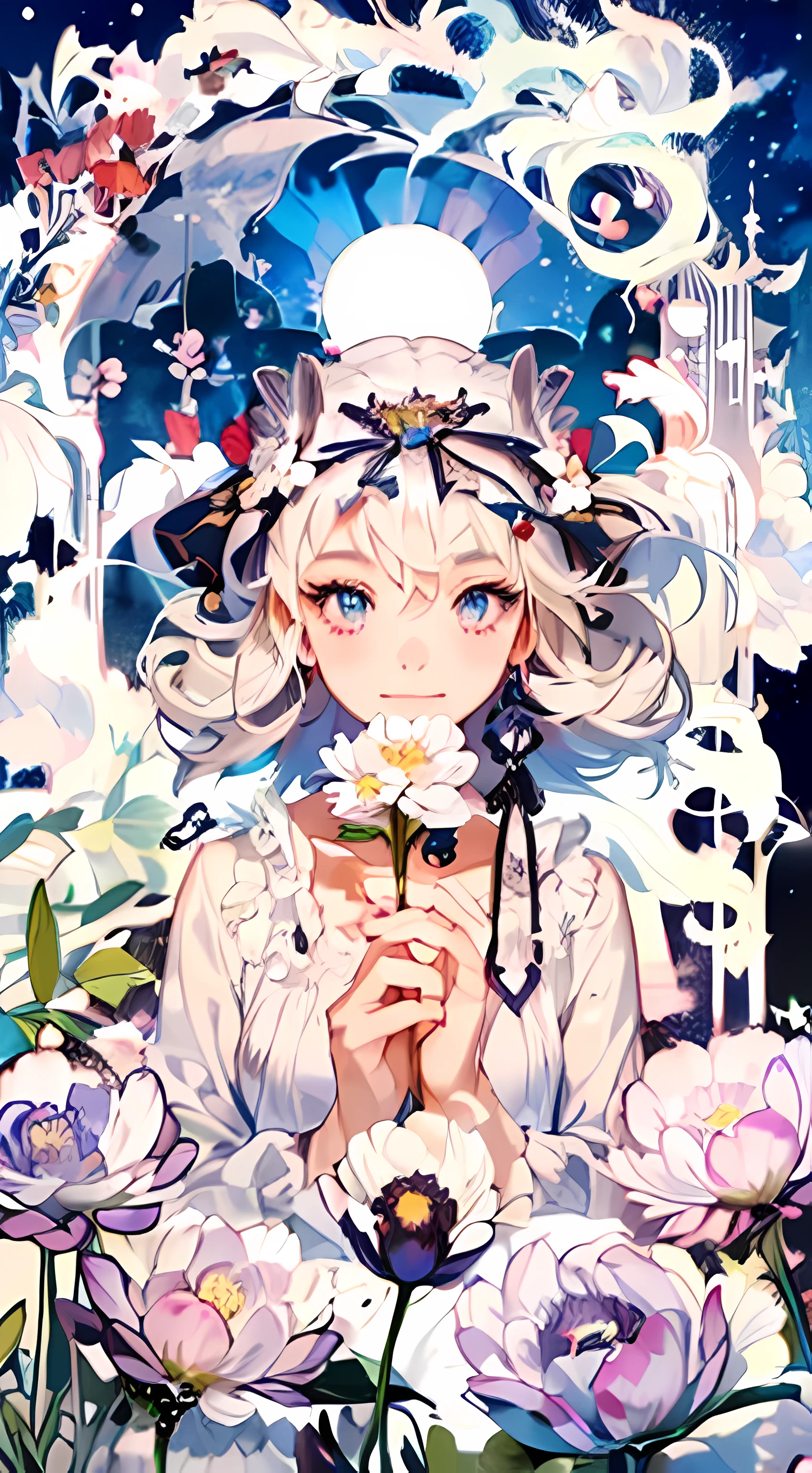 anime girl with a flower in her hand surrounded by flowers, anime fantasy illustration, dreamy psychedelic anime, portrait of magical girl, fantasy art style, detailed digital anime art, anime fantasy artwork, beautiful anime artwork, anime girl with cosmic hair, a beautiful artwork illustration, digital art on pixiv, beautiful fantasy anime, beautiful anime art, beautiful anime portrait