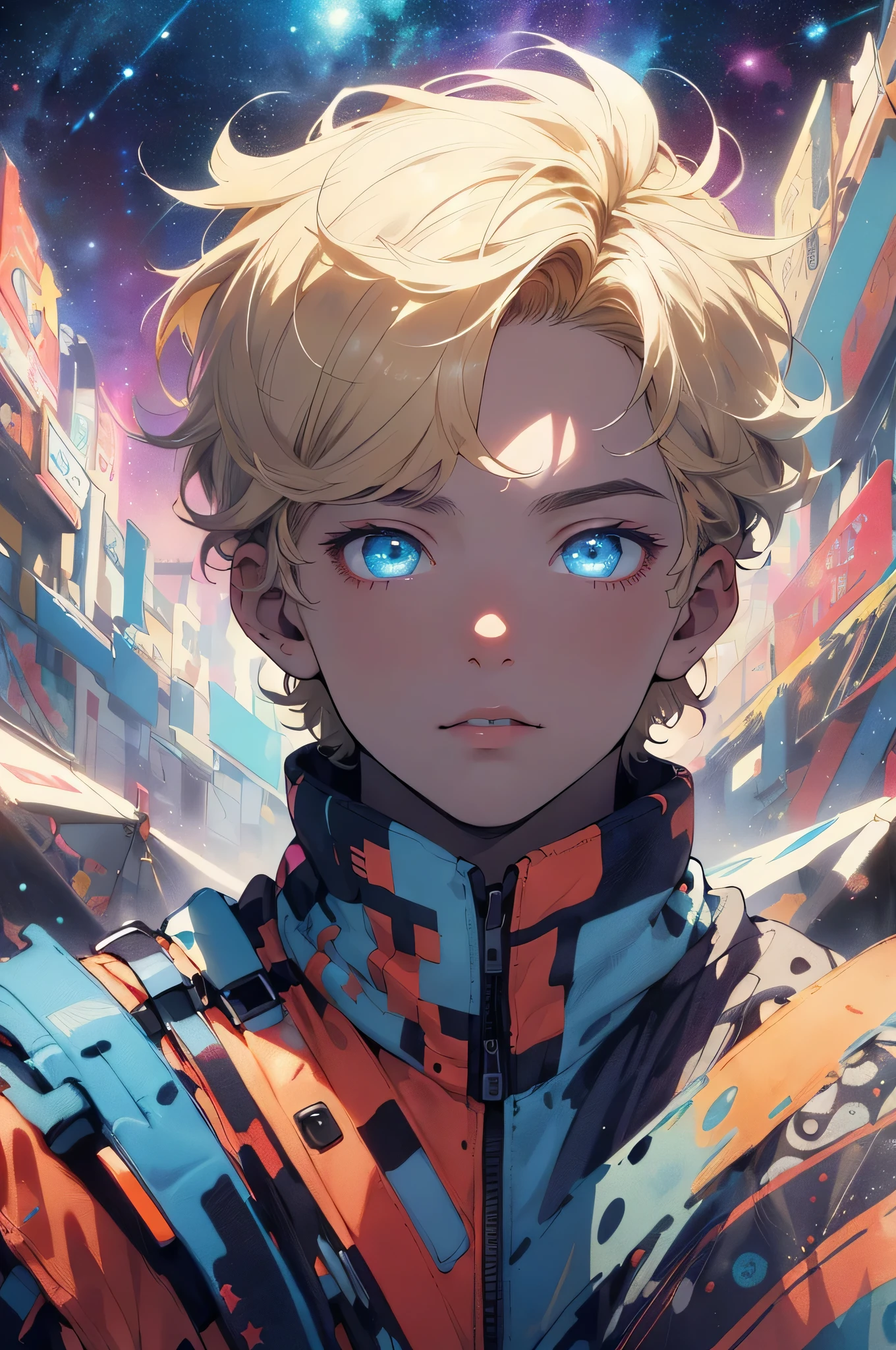 actual, (masterpiece, top quality, best quality, official art, Beauty and Aesthetics: 1.2), Very detailed, Fractal art, rich and colorful, most detailed, tangled, (abstract background: 1.5) (1 boy: 1.3), God, blonde hair, short hair, (glowing blue eyes, starry sky, handsome man, (((Glorious Licorice)))