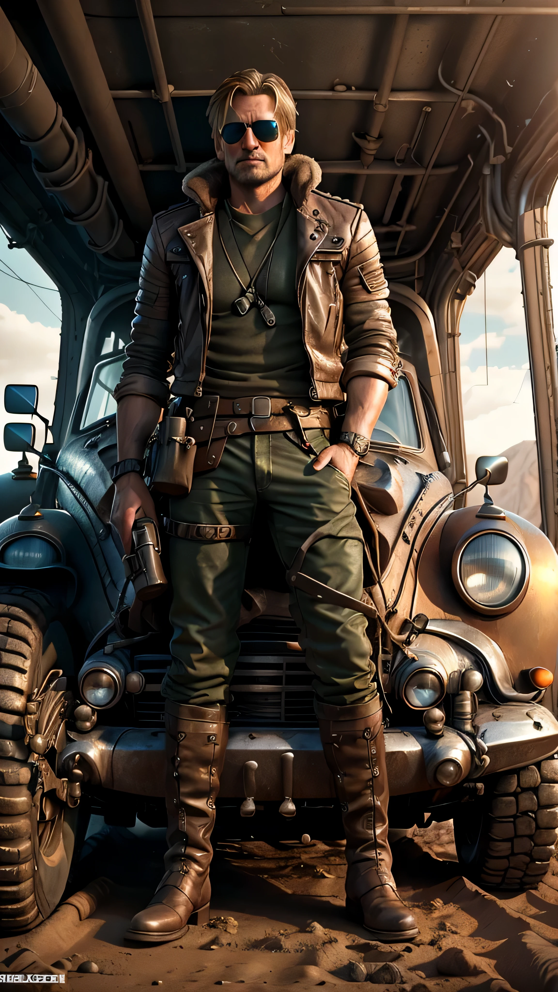 dieselpunkai, ((Nikolaj Coster-Waldau)) as Jaime Lannister, ((naked torso)), (sunglasses), pants, boots, a dieselpunk car, (in a desert), 1man, solo, beautiful detailed glow, detailed, cinematic light, intricate detail, realistic, highres, detailed facial features, high detail, sharp focus, smooth, aesthetic, extremely detailed, stamp, octane render