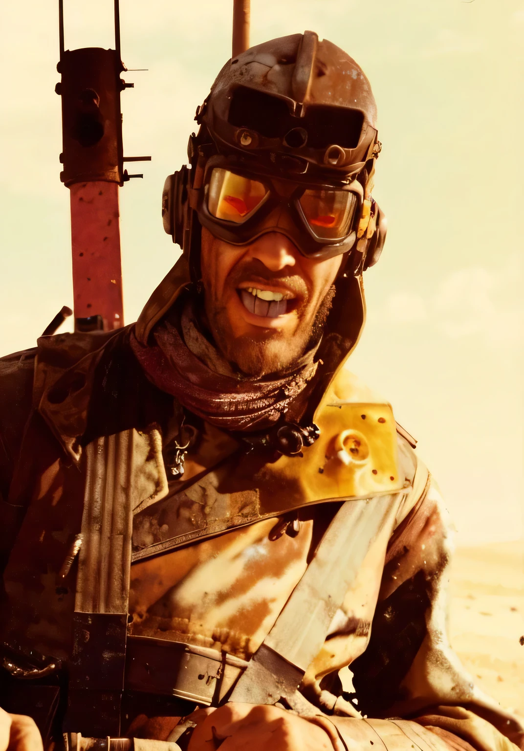 (big goggles,gyrocaptain,wasteland,post-apocalyptic,futuristic styling,dusty environment,weathered clothes,turbulent sky,mechanical accessories,patchwork vehicles,gritty details,rugged landscape,muted color palette,harsh lighting,steampunk inspiration,desolation and survival in a desolate world)