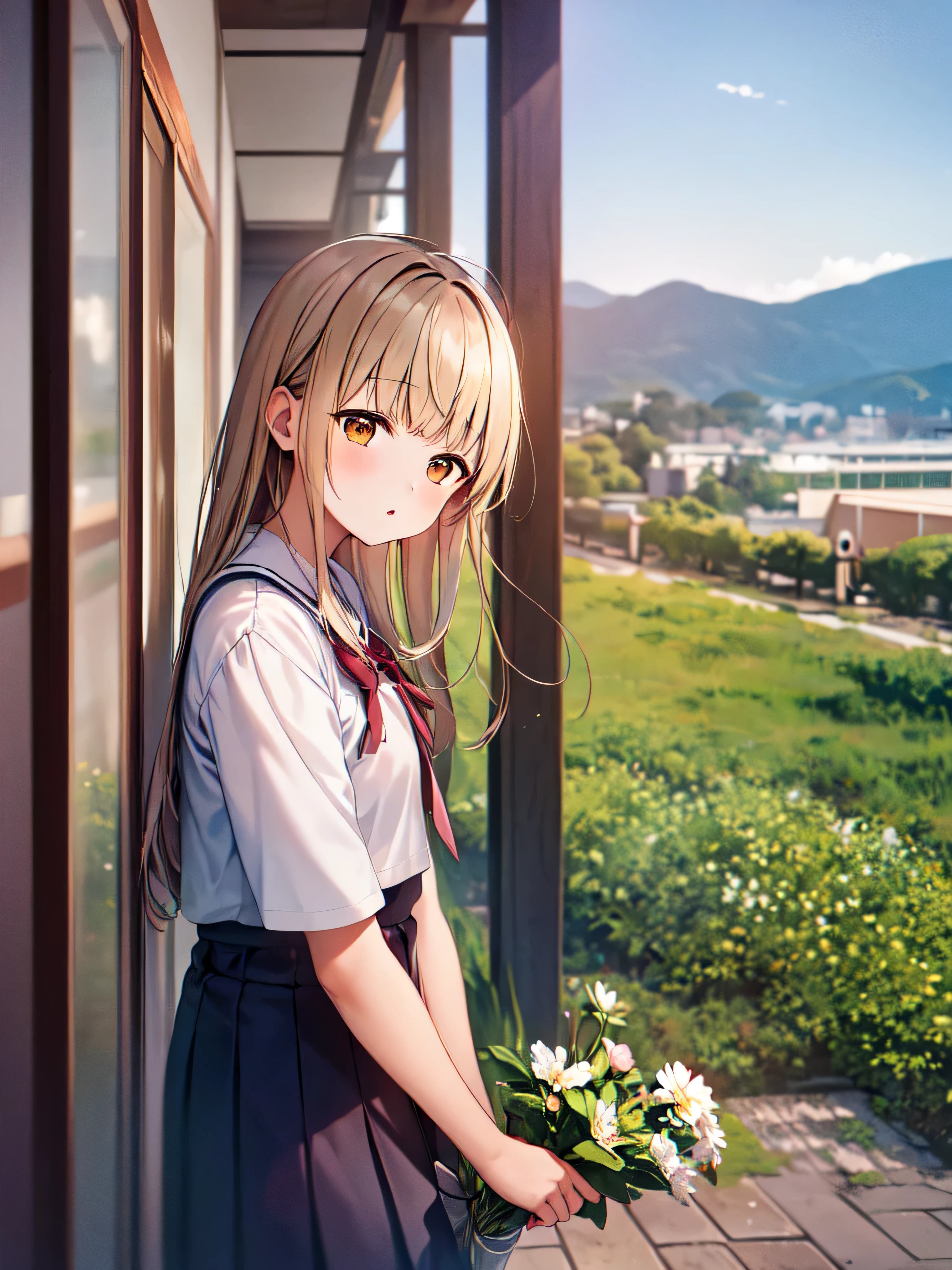 (masterpiece, highest quality),1 girl, Mahiru Shiina, alone, flower, outdoors, Letterboxed, school uniform, Day, null, look up, short sleeve, parted lips, shirt, cloud, Day光, white shirt, serafuku, Upper body, From the side, pink flower, blurry, blue null, written boundary depth