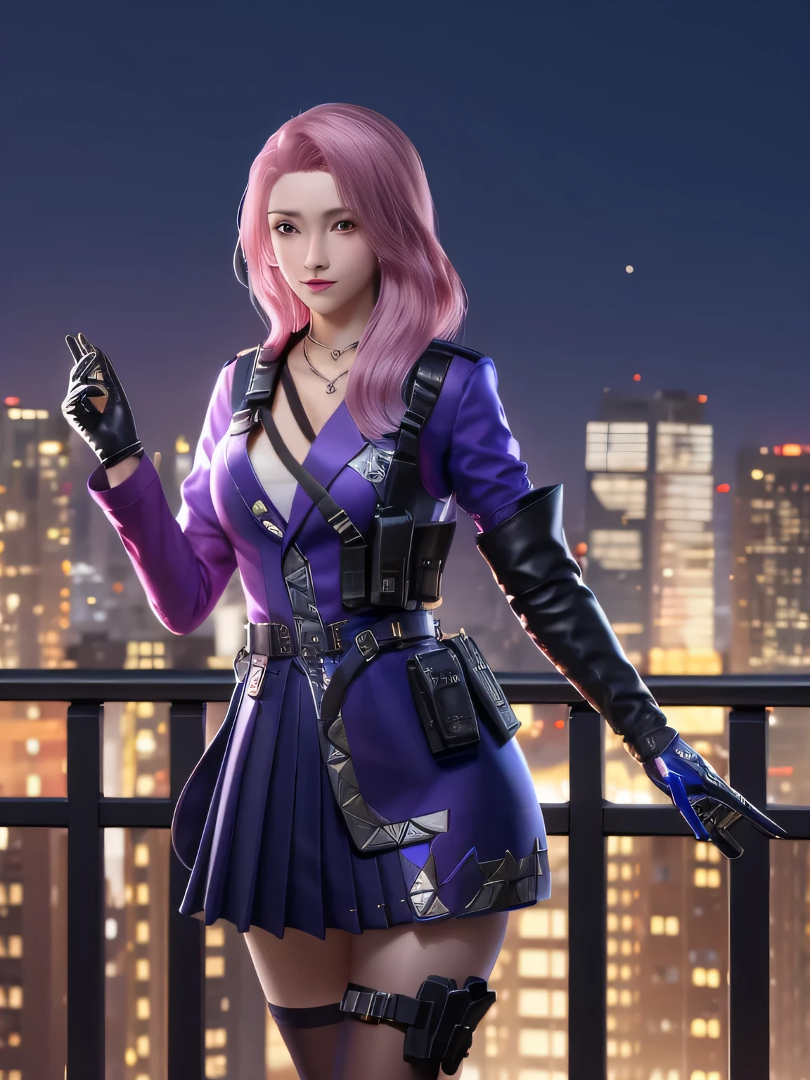 CFyunyouyou, 1 girl, alone, Pistol in hand, Gloves, pink hair, necklace, skirt, elbow Gloves, black stockings, medium hair, belt, leather case, looking at the audience, Facing the audience, city View, night, 