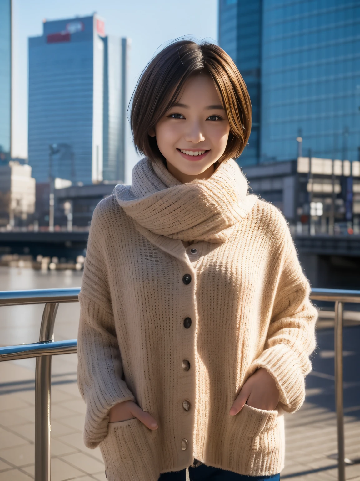 Photoreal, 8k, full body portrait, Beautiful woman, attractive look, A slight smile, short hair, , Tokyo city, winter, With Shibuya in the background