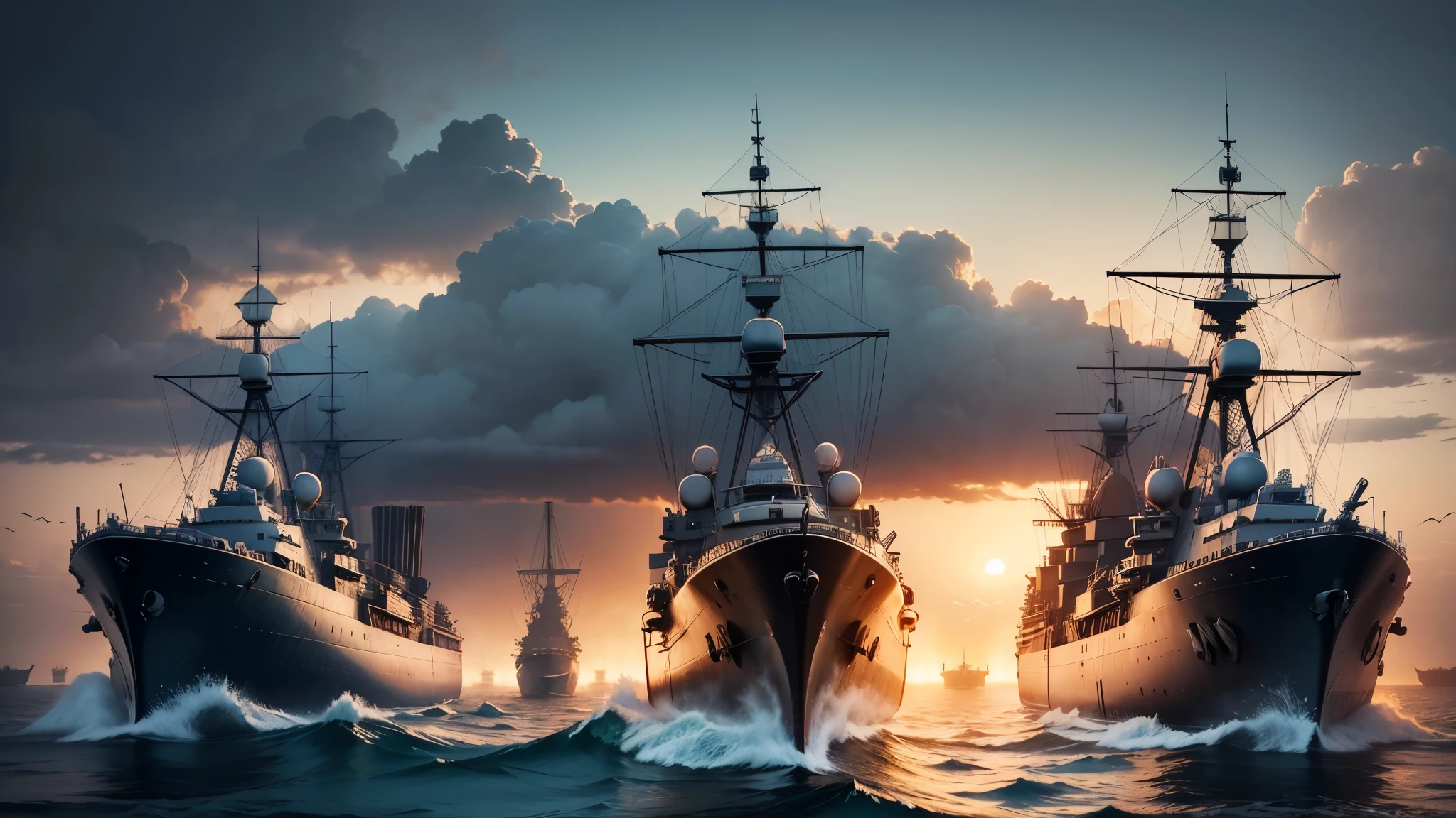 best quality, ultra high resolution,masterpiece, (reality,detail,close up)World War II,early morning,several large warships,Driving at sea