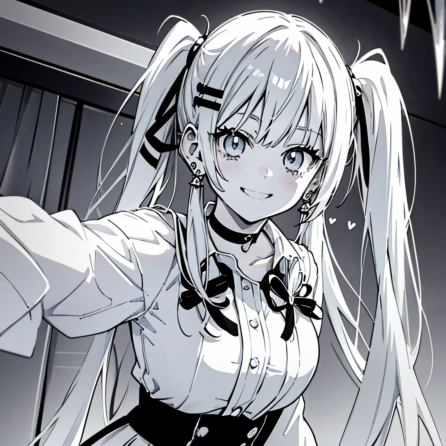 manga style, Black and white, 1 girl twintails hair, long hair, medium breasts, medium ass, Hairpins, Choker, smile, happy face, Standin, Detailed white shirt, silver skirt, long heart-shaped earrings, ultra detailed, 8K wallpaper, reflection light, ray tracing, realistic, Just Black and white colors