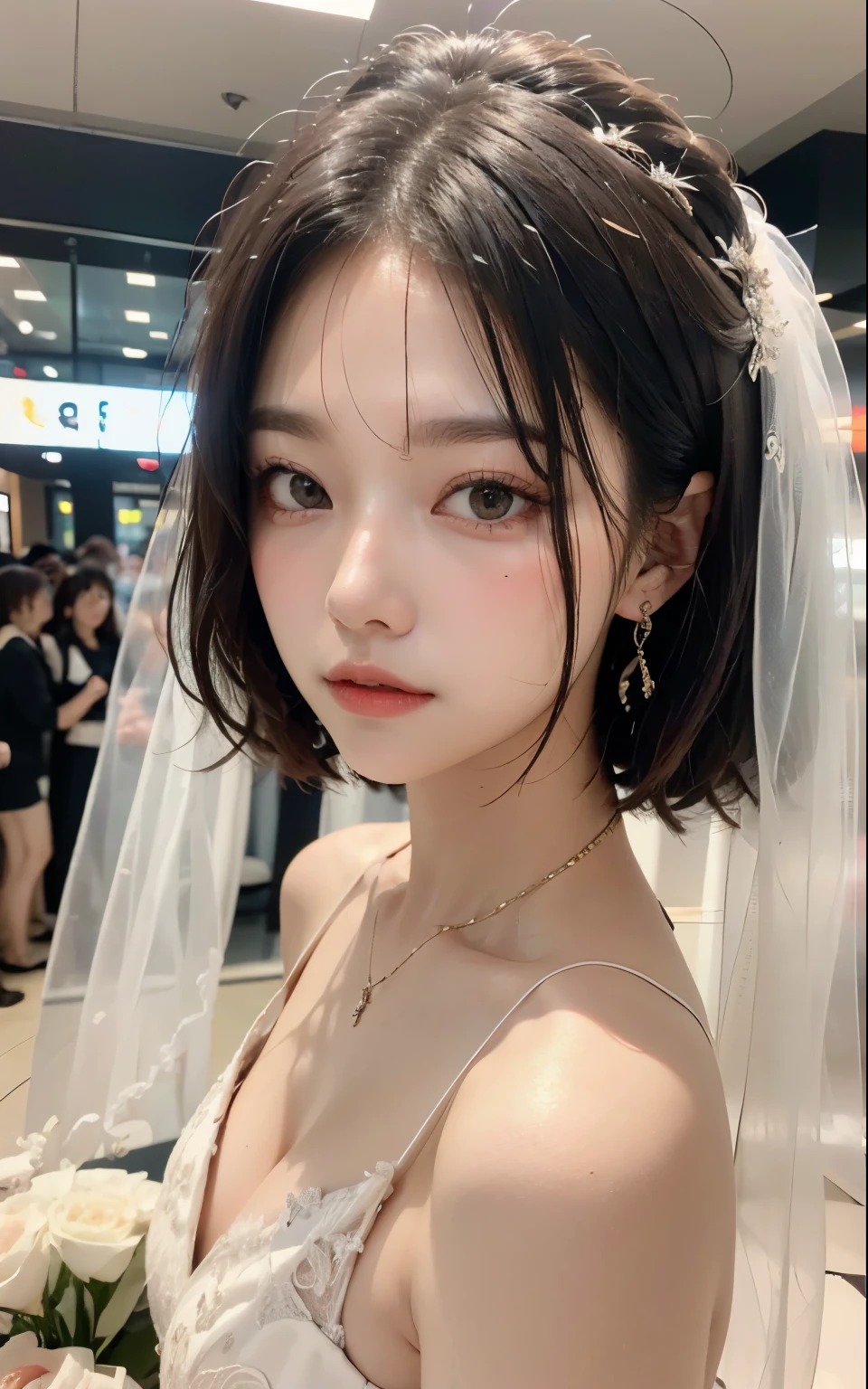 ((highest quality))、((masterpiece))、beautiful japanese woman, Photos taken by others in 8k, with short hair, Ulzzang, 🤤 girl portrait, Cute girl - well-groomed face, cute realistic portrait, young adorable korean face, Realistic anime 3d style, Portrait rendering in 8k, korean girl, 8k)), cute natural anime face, soft portrait shot 8k、well-groomed bangs、earrings、happy、Black Wedding Dresses、(wedding style:1.3)、bride、bouquet、((veil))、each from a different angle、side mall face))、necklace