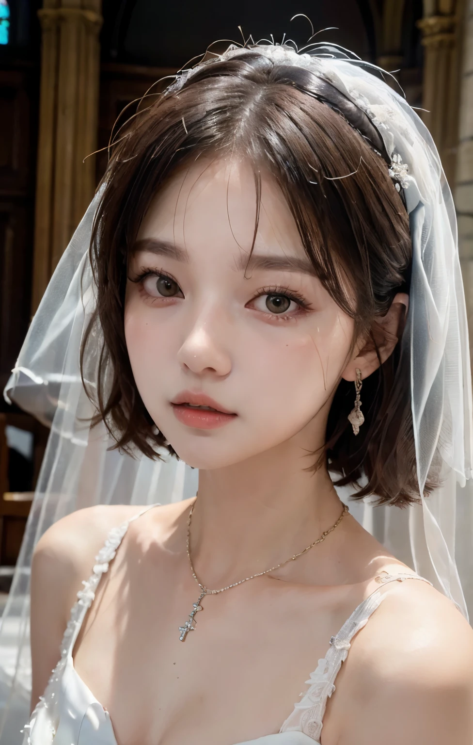 ((highest quality))、((masterpiece))、beautiful japanese woman, Photos taken by others in 8k, with short hair, Ulzzang, 🤤 girl portrait, Cute girl - well-groomed face, cute realistic portrait, young adorable korean face, Realistic anime 3d style, Portrait rendering in 8k, korean girl, 8k)), cute natural anime face, soft portrait shot 8k、well-groomed bangs、earrings、happy、Black Wedding Dresses、(wedding style)、((church))、bride、bouquet、((veil))、each from a different angle、side mall face))、necklace