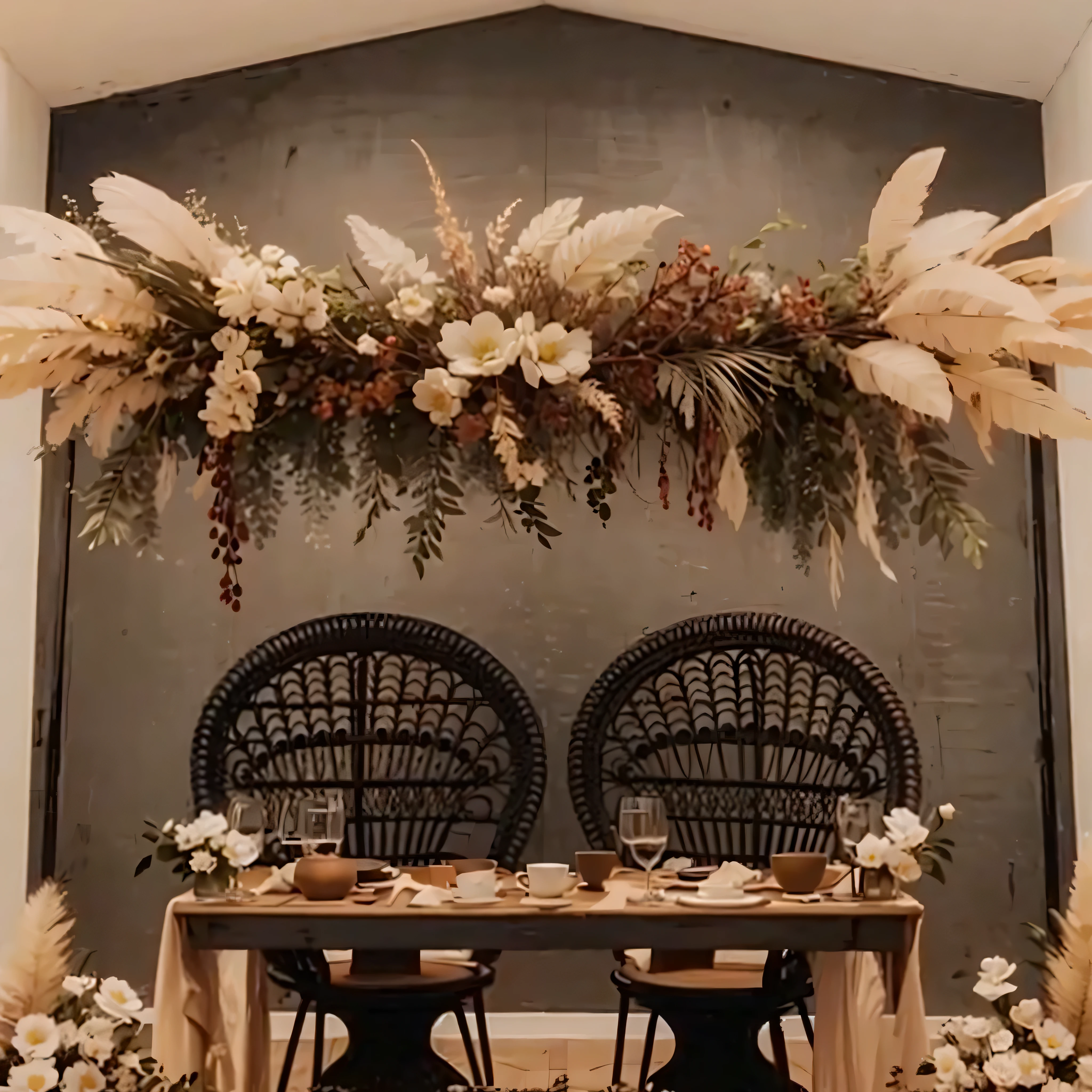 a table、Close-up of two chairs and a table with flowers, Spectacular details, Stunning mysterious background, foreground background, romantic theme, White arches, indoor environment, whimsical, stunning details, dramatic theming, Highly aesthetic, Ethereal details, boho floral vines, incredible details, Retro and ethereal, full of details, Ethereal and dreamy theme, countryside