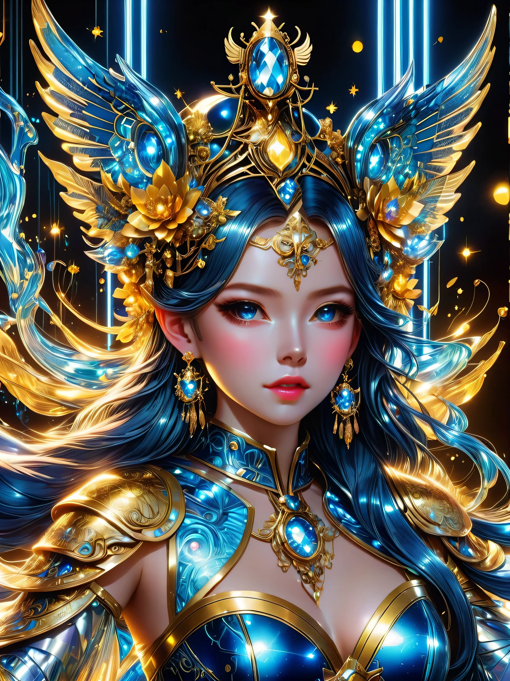 ((Wizard of Oz characters,Beautiful young girl wearing detailed headdress,Delicate and delicate face shape,The characters are delicately portrayed,outdoor details,anatomically correct,Wearing blue future technology titanium alloy dress armor:1.5)),((battle angel, White ta armor)),(Extra long blue double ponytails:1.6),Exquisite facial features,perfect finger features,golden section of body,actual,neon lights,(Liquid light background),(Cowboy shooting:1.9),(ultra high definition, masterpiece, precise, anatomically correct, textured skin, Ultra-detailed, high detail, Award-winning, best quality, 8k)