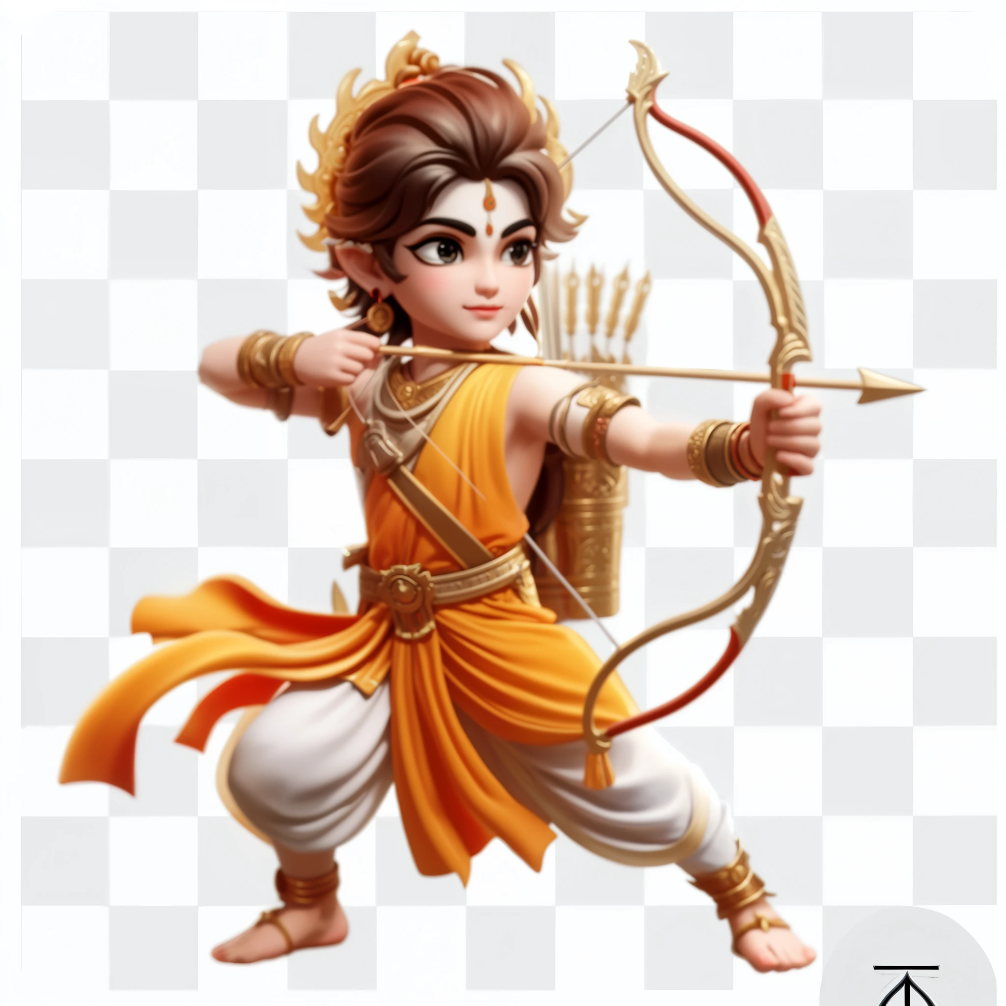 a cartoon image of a man with a bow and arrow, from ramayan, with bow and arrow, indian god, hindu aesthetic, archer boy, 1128x191 resolution, hindu god, holding bow and arrow, hindu gods, high quality character design, ashoka tano, hinduism, indian master, background removed, white bg, accurate depiction
