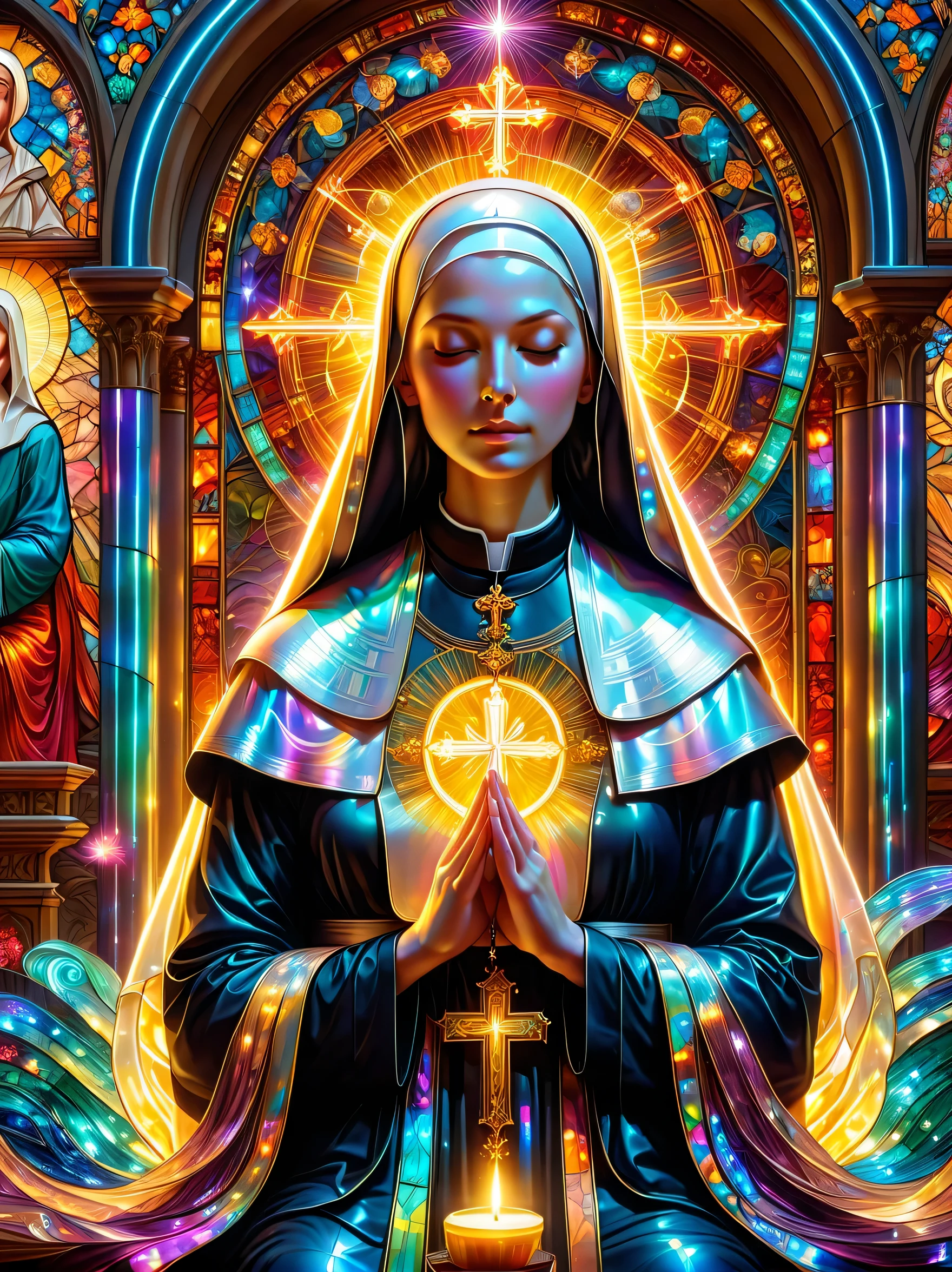 ((nun in beautiful church:1.6))，Religious atmosphere，stained glass windows，sacred tranquility，intricate details，peaceful atmosphere、Calm expression、graceful posture、sacred silence、bright colors、Calm gaze、gentle brushstrokes、ethereal light、eternal beauty、quiet spirituality、Divine inspiration、Divine piety、thin coat of varnish、Delicate composition and brushstrokes、Subtle tones、Charming atmosphere，divine light，religious icon，peaceful solitude，revelation，godly experience，meditative tranquility，deep tranquility，actual，neon lights，(Liquid light background)，(ultra high definition, masterpiece, precise, anatomically correct, textured skin, Ultra-detailed, high detail, Award-winning, best quality, 8k)