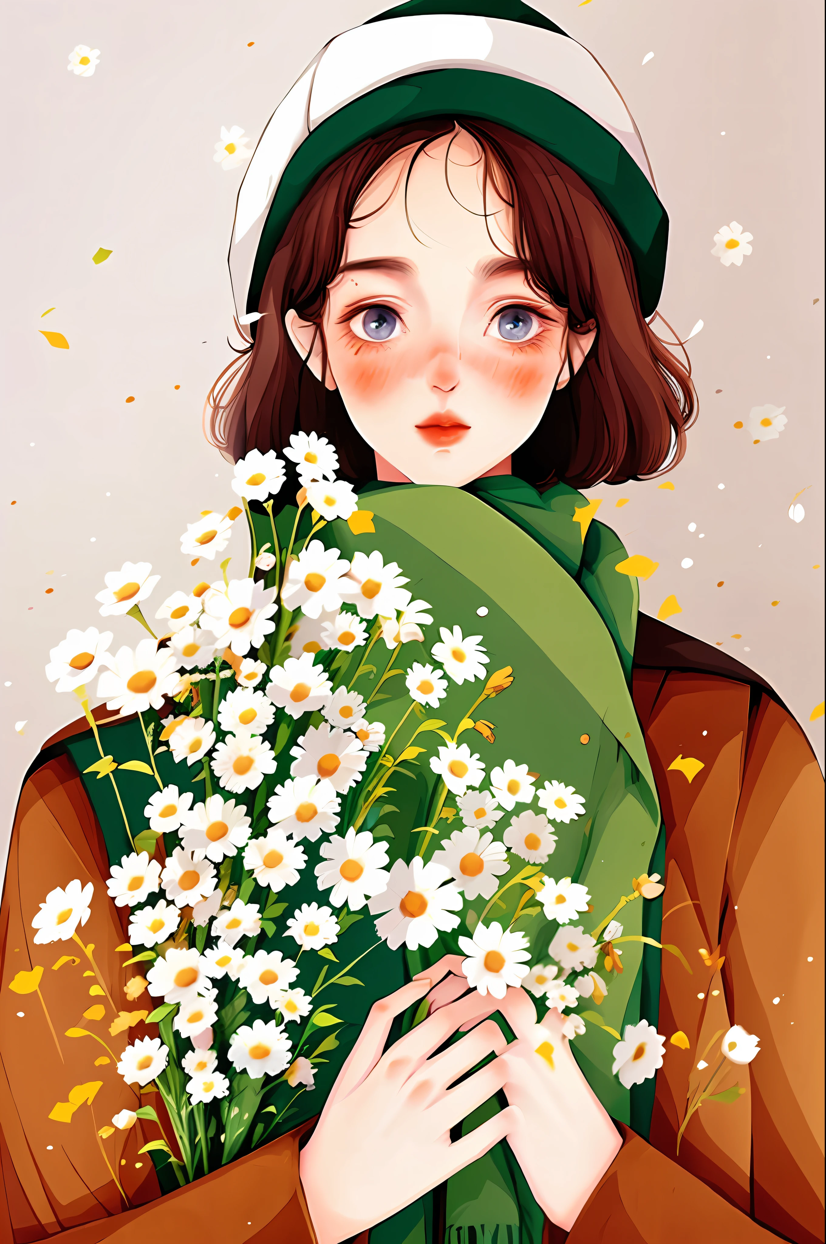 yxycolor,1 girl in, alone, flower, 绿色scarf, scarf, brown hair, white hat, have, 白色的flower朵, blush, blue eyes, looking at the audience, Upper body, long sleeves, Keep, short hair, coat, jacket, simple background, holding flowers