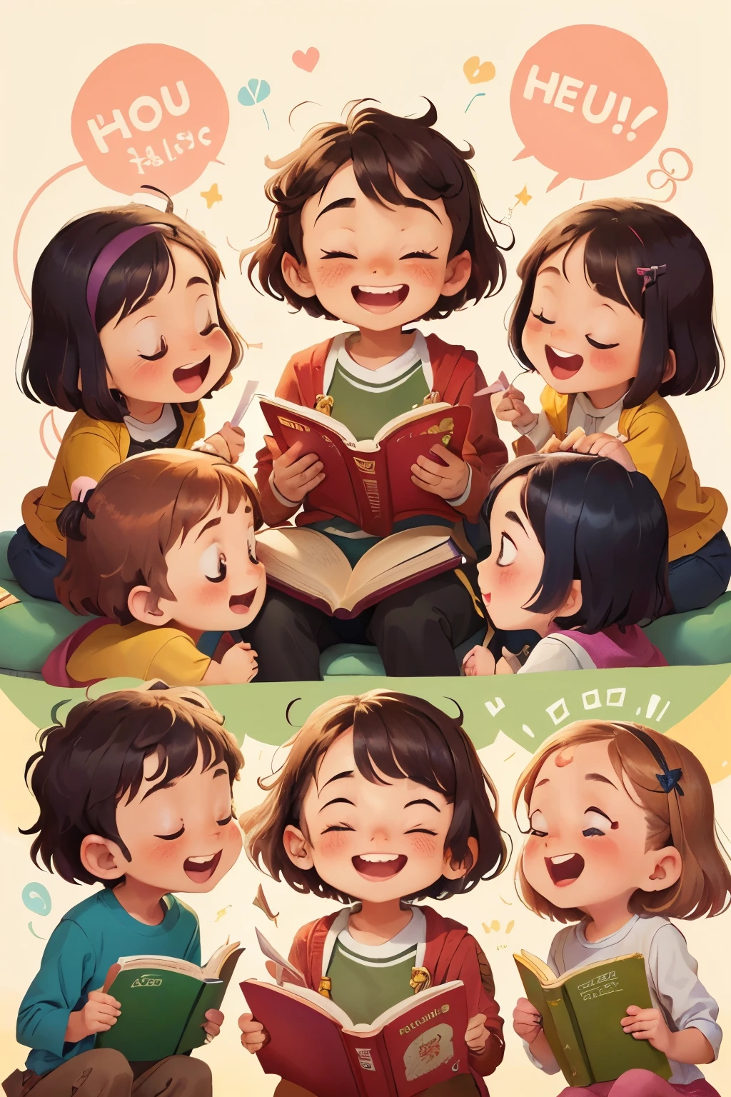 Ten to ten children are reading,read a book,Colorful background,Very happy,many interesting books,a happy expression,Excellent picture quality,Excellent details,Horizontal image