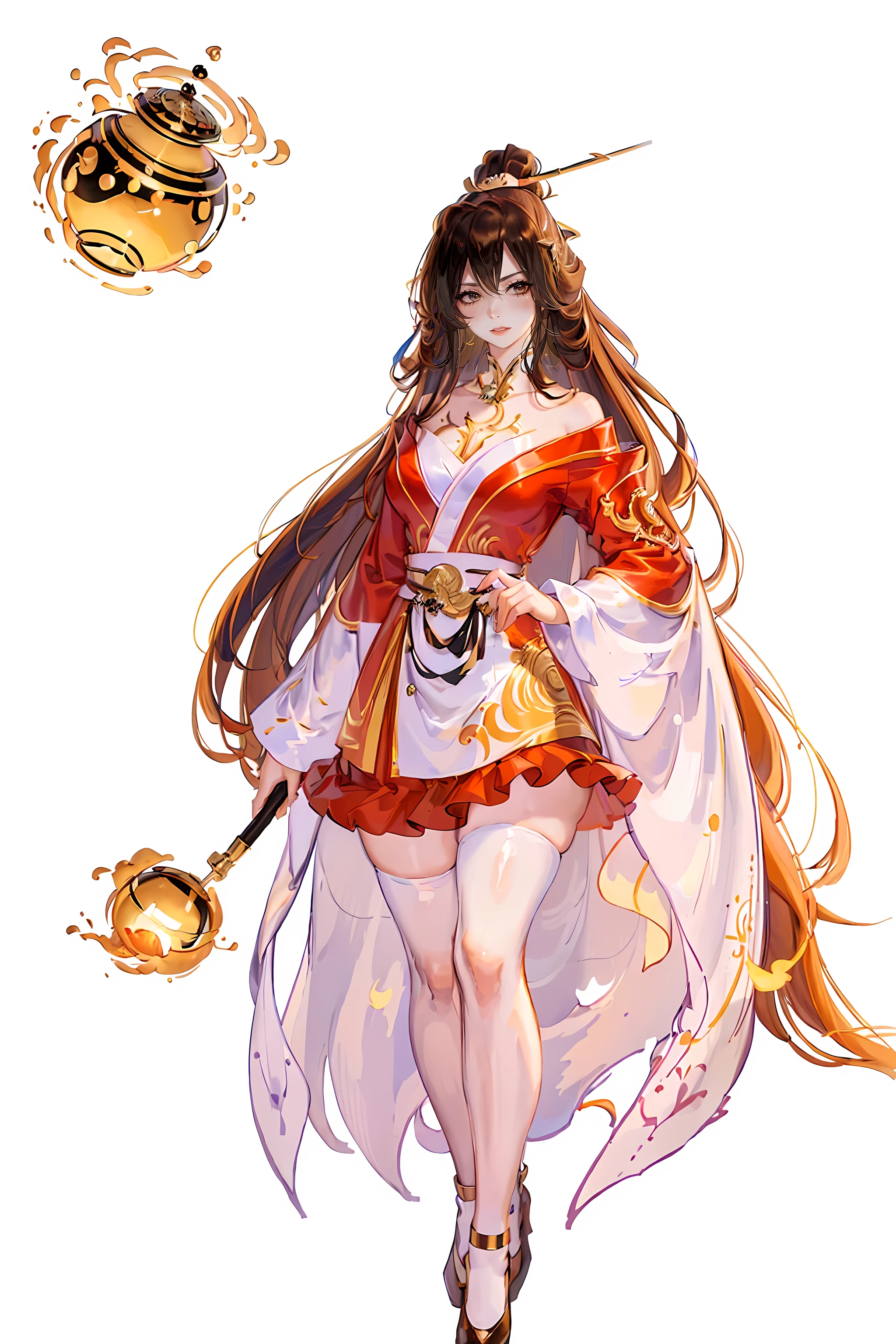 (((masterpiece, best quality, ultra high resolution, CG unified 8K wallpaper, best quality at best, super detailed, Ultra HD quality))), 1 beautiful, long hair, game fairy, red clothes, Hanfu, yarn, 流动的yarn布, jewelry, Good face shape, beautiful eyes, beautiful hairstyle, beautiful clothes, Reasonable structure,Thick thighs