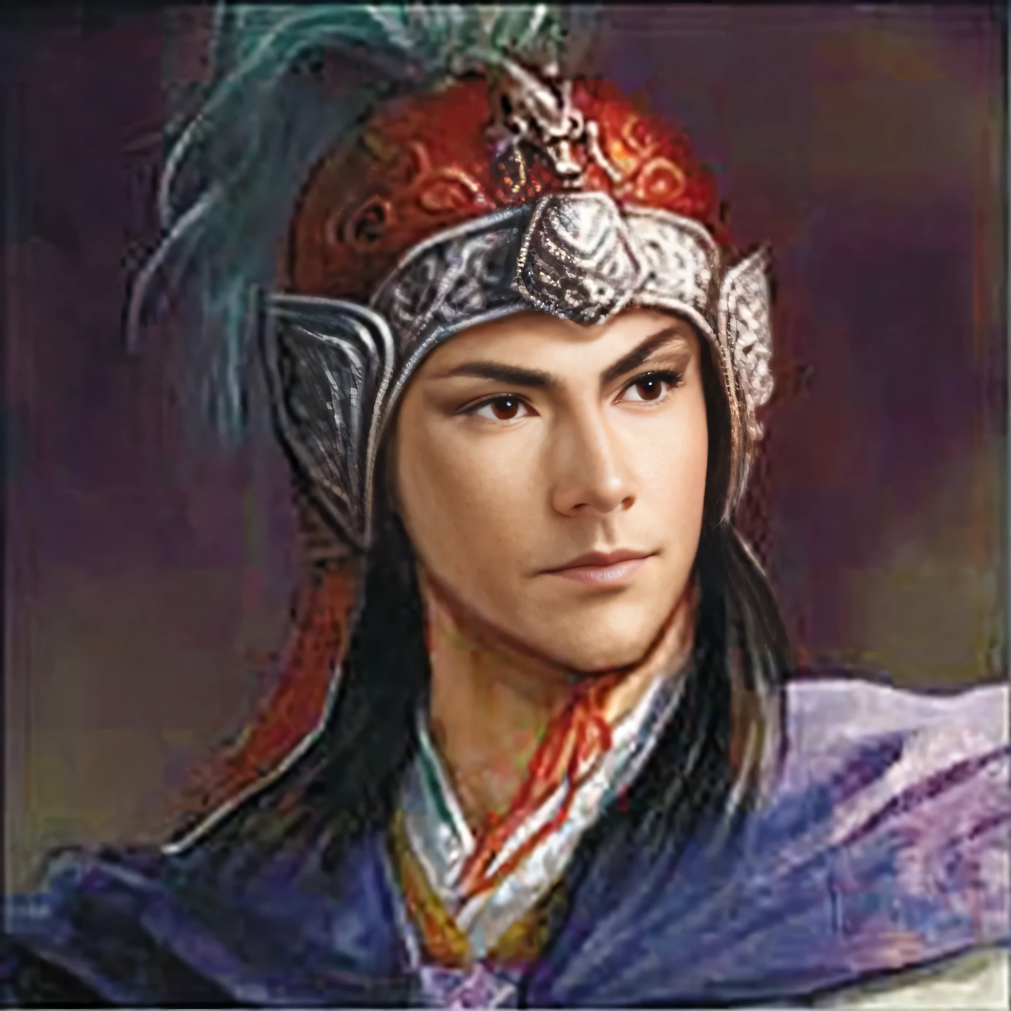 Portrait of Arafad wearing feathered helmet, Zhao Yun, bian lian, xianxia hero, wuxia, feng shu, Taisho romance, bo feng, pan ren wei, photo of adult male warrior, Inspired by Li Kan, hua cheng, Xianxia, take off, jin shan, heise-lian yan fang