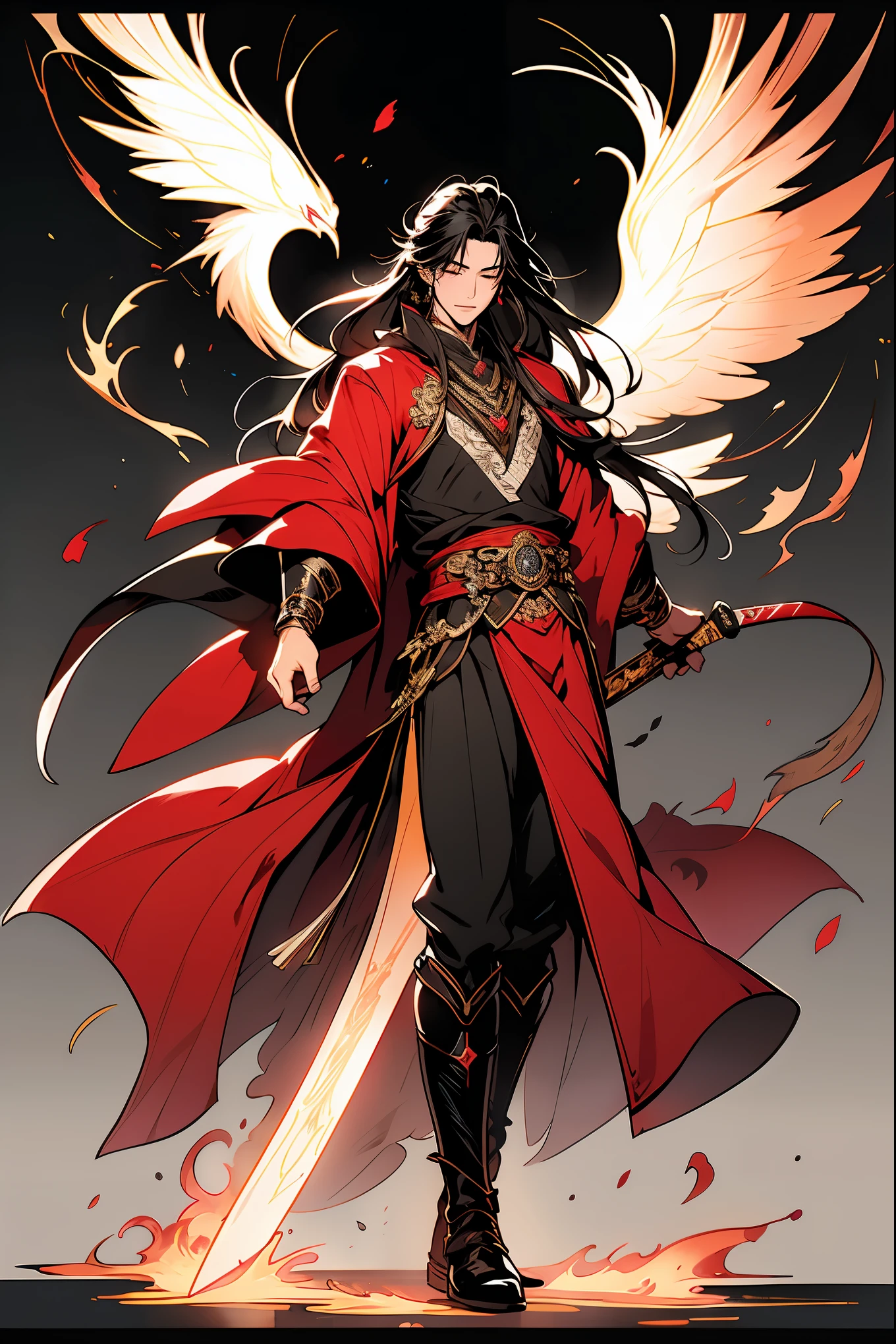 A handsome Chinese guy wearing a red robe, leather boots, Miao silver necklaces and accessories.holding sword in hand.He has long black hair and a pair of phoenix eyes.One eye is blind. he closed his eyes.hua cheng, full body xianxia, like a male vampire. Beautiful male god of death, Flying transparent butterfly. whole body. xianxia fantasy style, Very detailed and rich costumes, cute mode.high detail.4k high quality, 2:3.Make 4 pictures.comic style