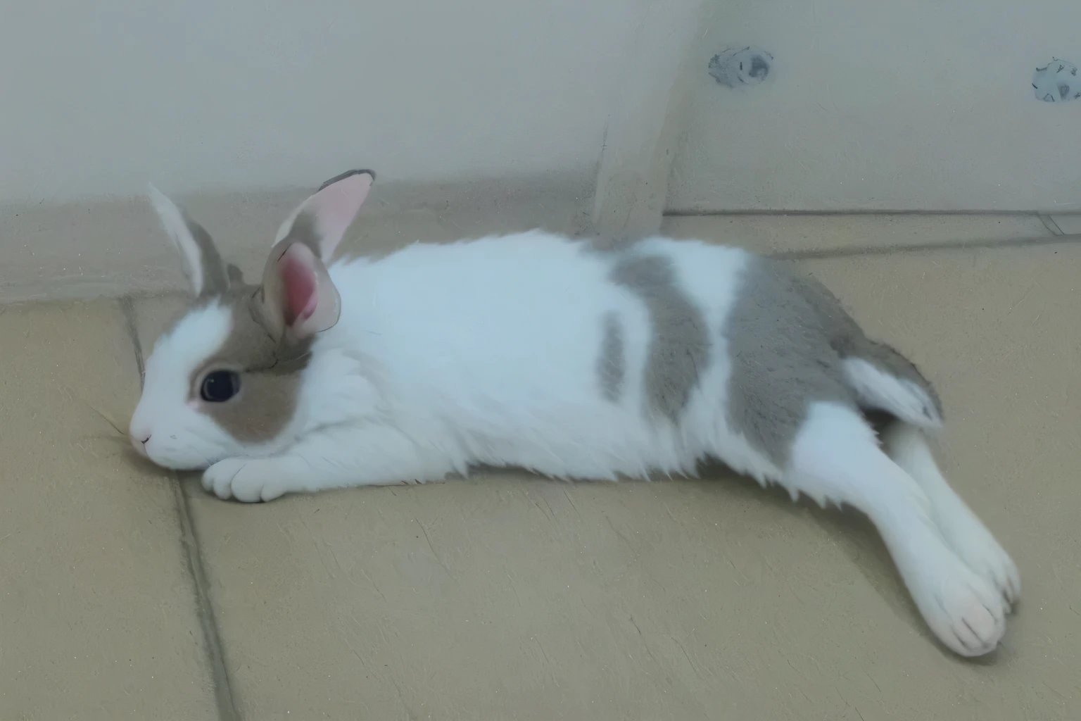 A rabbit lies on the floor in the room, Have two long and pointed ears, Upturned rabbit ears, Rabbit, Rabbit_Bunny, White,With chocolate brown spots, with big rabbit ears, with long floppy rabbit ears, Lovely