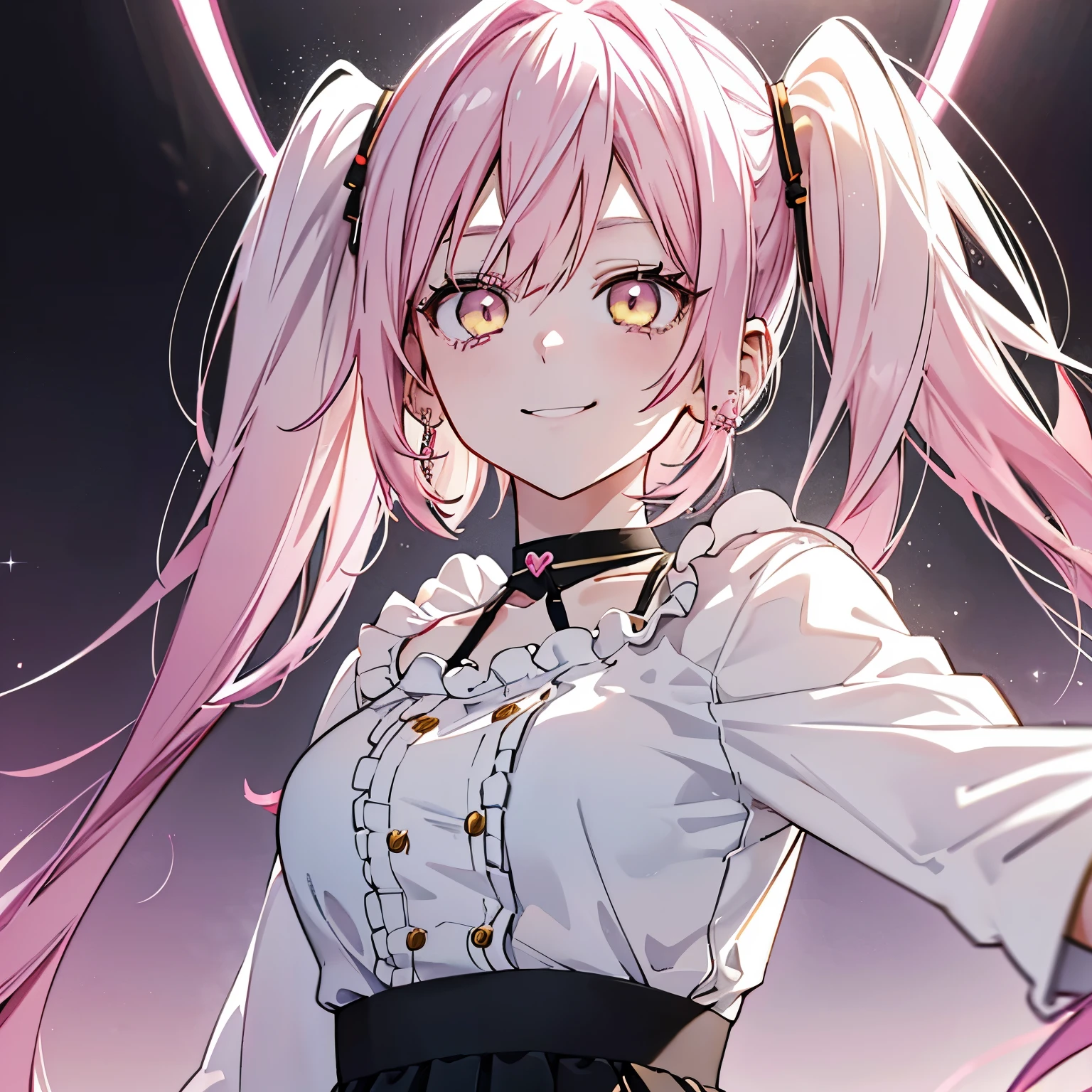 1 girl twintails hair, long hair, pink hair, yellow eyes, medium breasts, medium ass, Hairpins, Choker, smile, happy face, Standin, Detailed white shirt, silver skirt, long heart-shaped earrings, ultra detailed, 8K wallpaper, reflection light, ray tracing, realistic, simple background, taking a selfie