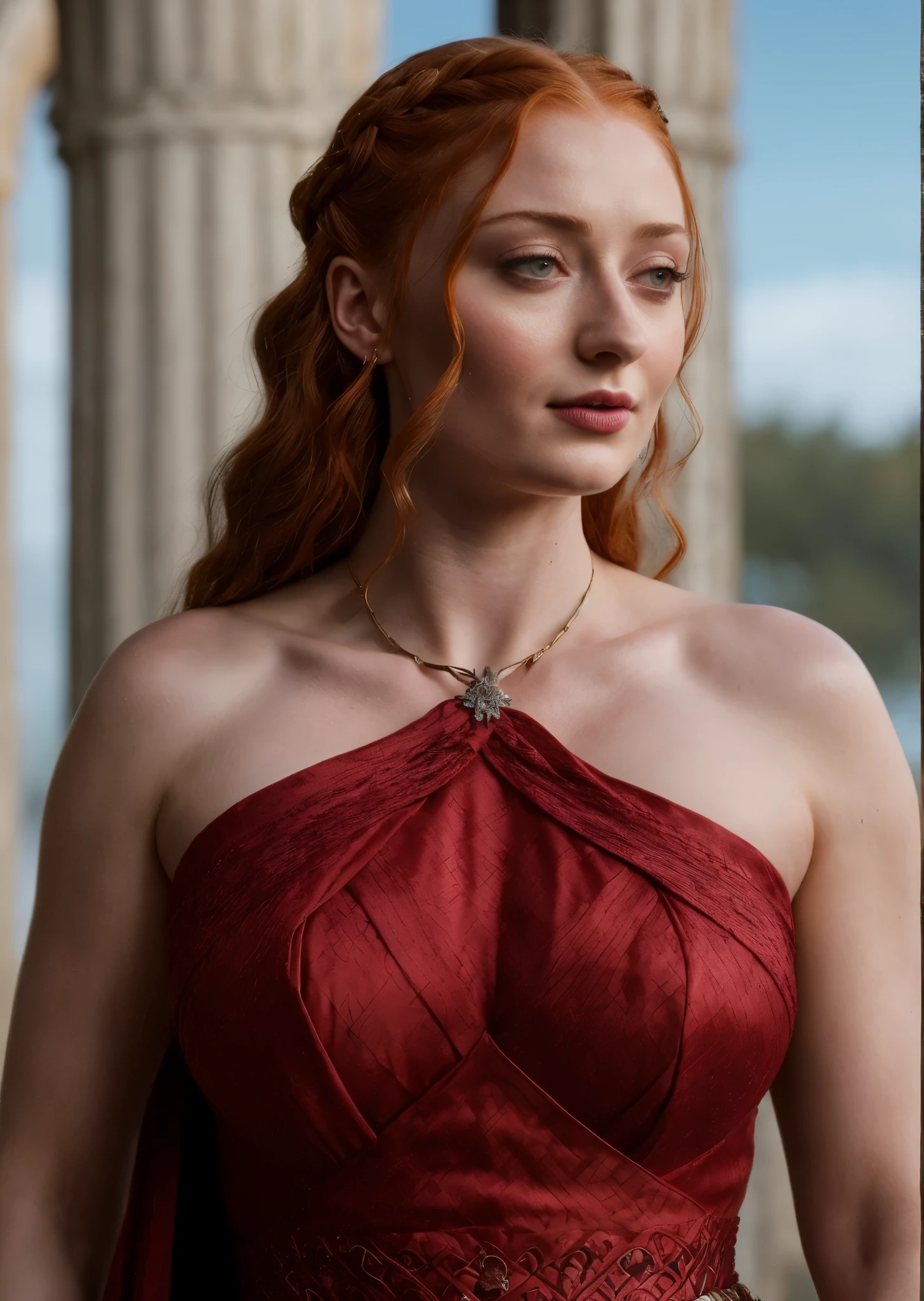 Face of Sophie Turner, Sansa Stark played by Sophie Turner, the de facto Lady of the Eyrie, is a 40-year-old mature queen with a stunning, alluring appearance. Full Face, styled braided hair of Sansa Stark, pierced eyes, reddish lips, upper body shot, erotic Mediaeval costumes, game of thrones costumes, She wears a Game of Thrones-inspired costume and has a deep cleavage, a perfect thick body, and a perfect thick figure. The photograph captures her in a close-up, with her skin texture and facial features being ultra-realistic and realistic.