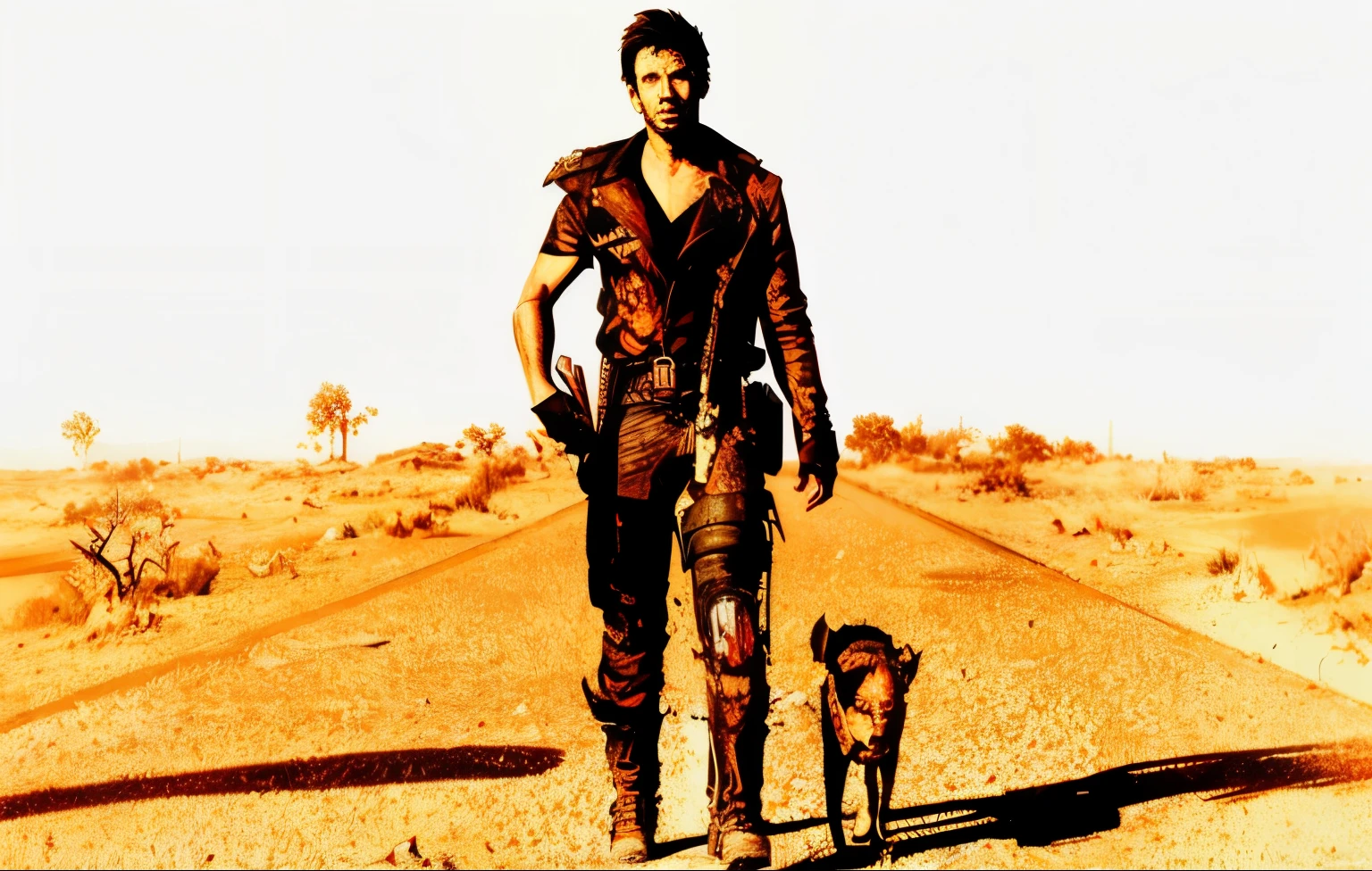 a man in a wasteland,ruined buildings,gruff man,graffiti,deserted landscape,dusty atmosphere,dystopian,post-apocalyptic,decaying architecture,debris and wreckage,dark colors,weathered structures,harsh lighting,dramatic shadows,desolation,despair,gritty textures,vibrant graffiti,desolate backdrop,worn-out clothing,determined expression. (best quality,highres),ultra-detailed,realistic:1.37,abandoned,lonely,bleak,ruins,urban decay,desert wasteland,gritty,raw,grunge,apocalyptic,urban exploration,menacing.