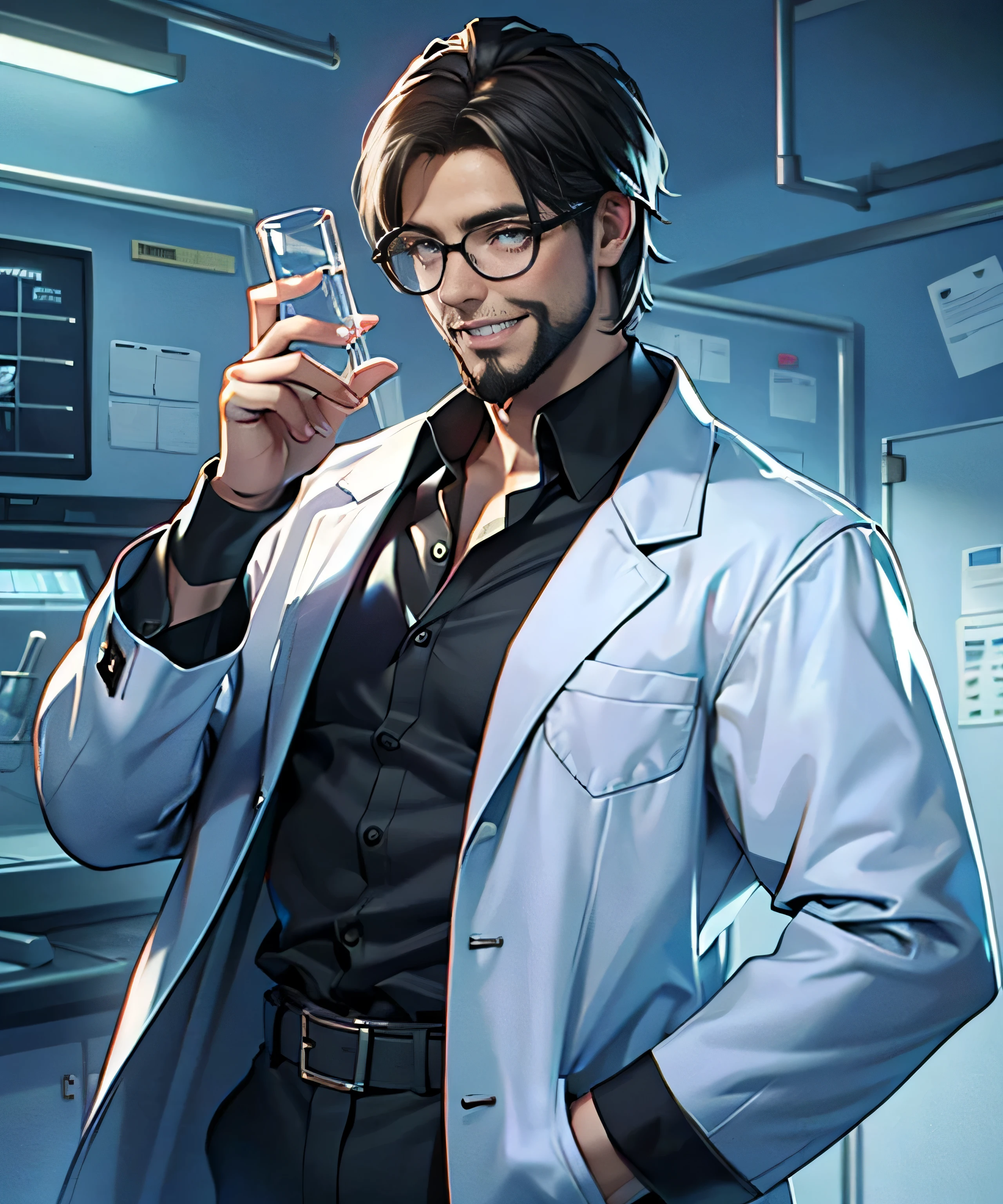 11:23(((best quality: 1.4))),(Unparalleled masterpiece), (super high quality),(Hyper-realistic 8K CG)、(middle-aged man有胡子),(There are technological elements on the clothes),(beard),(bad guy),Handheld experimental equipment,crazy smile,middle-aged man,50 years old, Laugh wildly,look at camera, (Home,, white coat, test tube in hand,Test tube glows, Glasses),dim lights,darkroom,masterpiece,Half body, portrait,Ray tracing,Super detailed male god, Science fiction,Mechanical glasses,