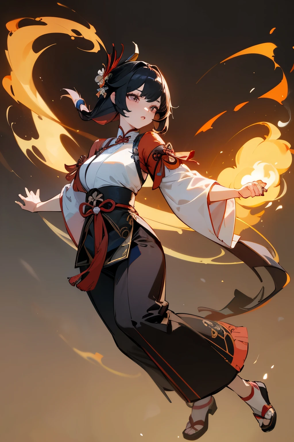 Masterpiece, best quality, rich details , video game Genshin Impact, Genshin Impact style, 1 girl, (seductive), sexy expression, (adult female), 30 years old, smoky, full body, ((complex background)), plump is figure, chinoise, hanfu, fire, chinese architectural background