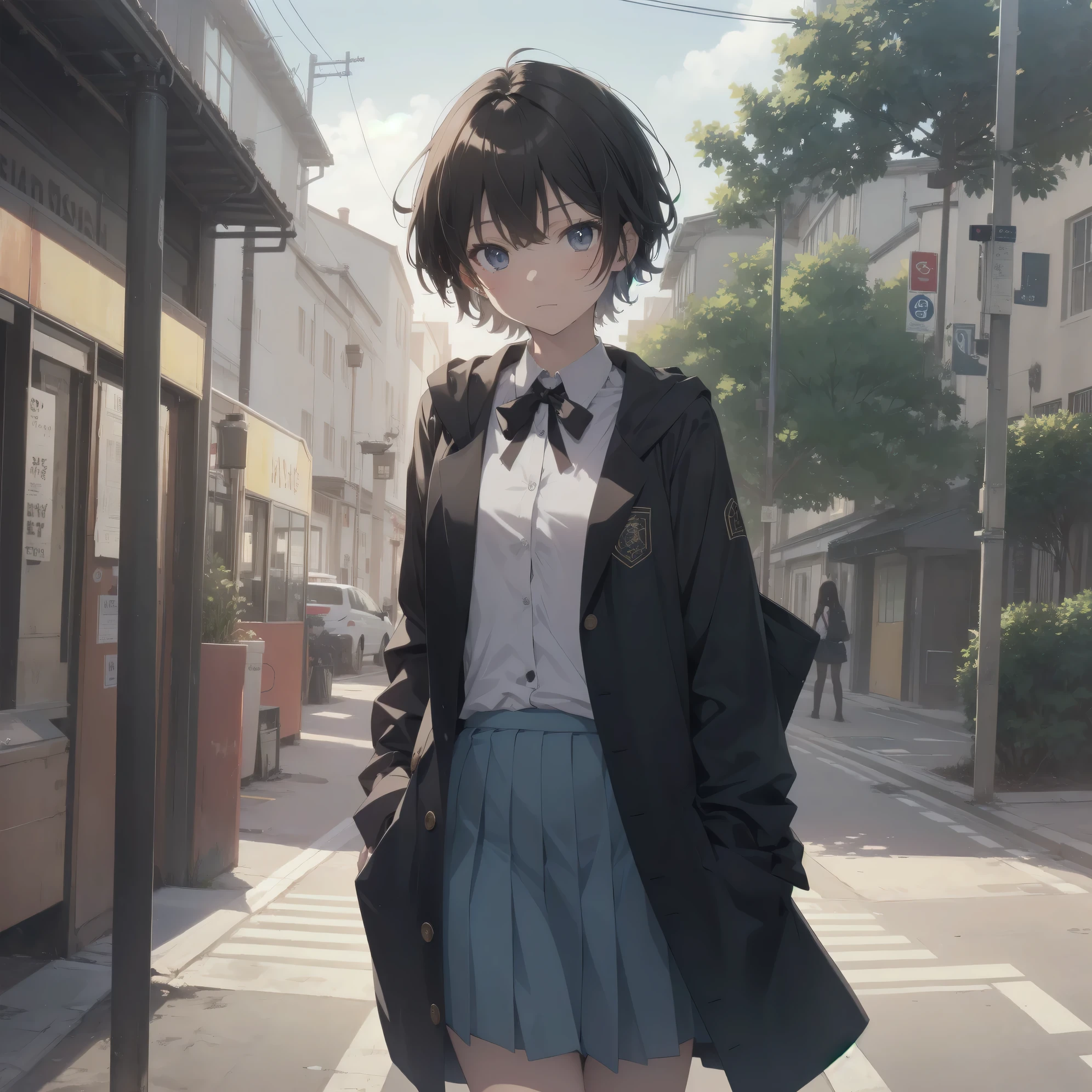 Super absurd quality by the god of art, super detailed, High resolution, anime moe art style, Best Anime 8K Kona-chan Wallpaper, pixiv contest winner, perfect anatomy, break, (眠そうにalone学校へ行く女の子を描いてください. )break,1 girl, (alone,little woman, cute face, :1.3),All limbs, full finger,, The charm of an immature body, (very_short hair), shortcut, Bang, flat chest, small ass, between legs, small black eyes, detailed and beautiful eyes, Well-proportioned iris and pupils, expressive eyes, High resolutionの詳細な髪, neck ribbon, shirt, collared shirt, skirt, pleated skirt, school uniform, (detailed lighting), (detailed background), On the way to school. break,super dense skin, Best cinematic lighting powered by famous artist, 8k,Beauty Illustration,photoshop_(Moderate),Absurd Hi-Res,Hmm,rough skin,break,((artist:Fujiyama)), artist:Fujichoko,artist:Yamamoto_Soichiro,artist:hanekoto
