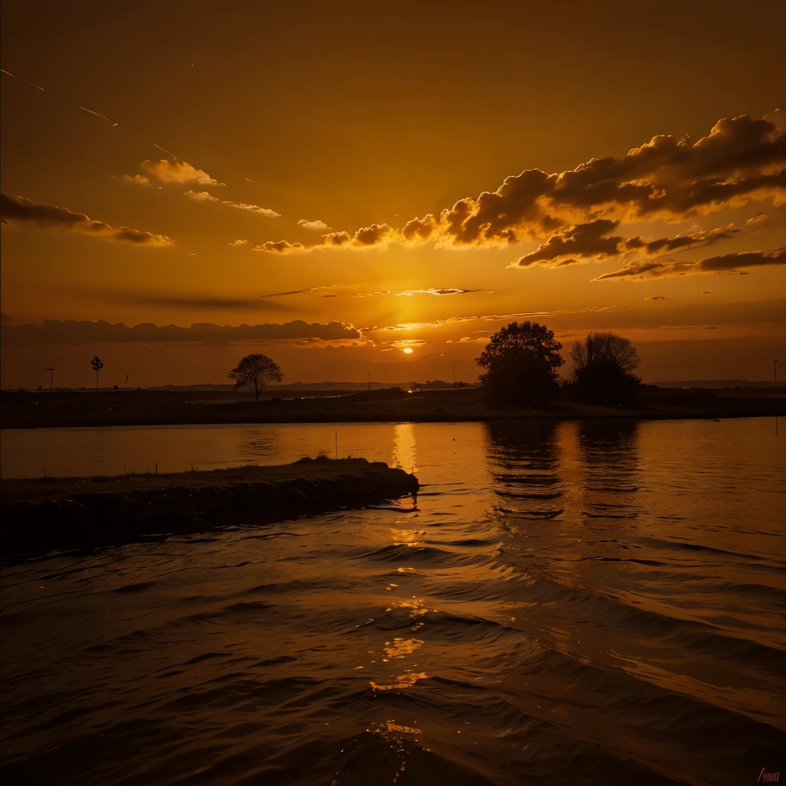 landscape sunset,no one,It feels like the sun is setting,The sun is the subject of the picture,The main color is orange,Don’t have too many elements,The sun is coming out,Only available in orange red and black