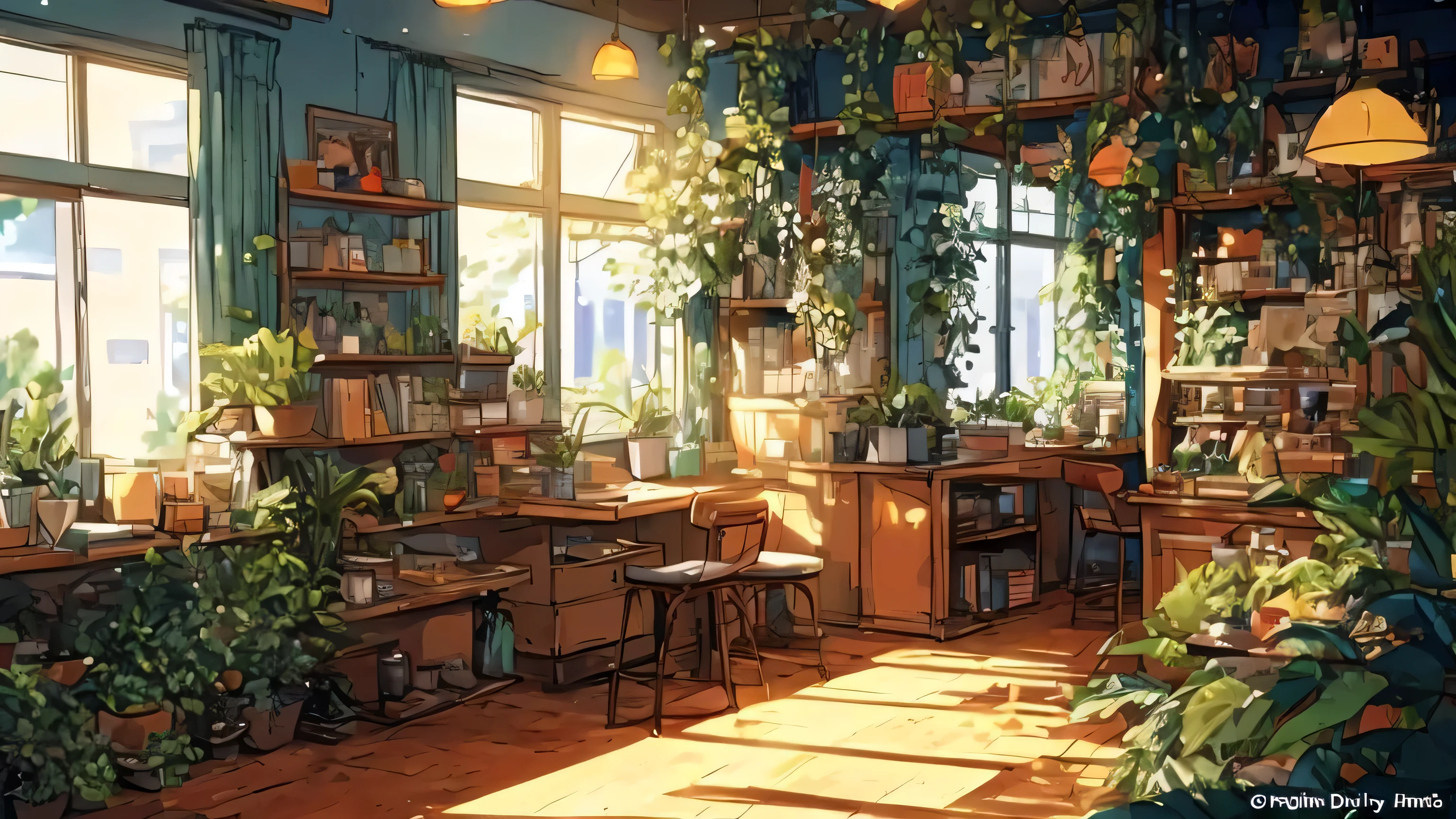 there is a room with a lot of plants and a desk, cozy cafe background, anime background art, light academia aesthetic, library background, relaxing environment, relaxing atmosphere, cafe interior, pleasant cozy atmosphere, relaxing concept art, anime background, lofi aesthetic, lofi artstyle, interior background art, anime aesthetic, cozy environment, sunny environment, cafe