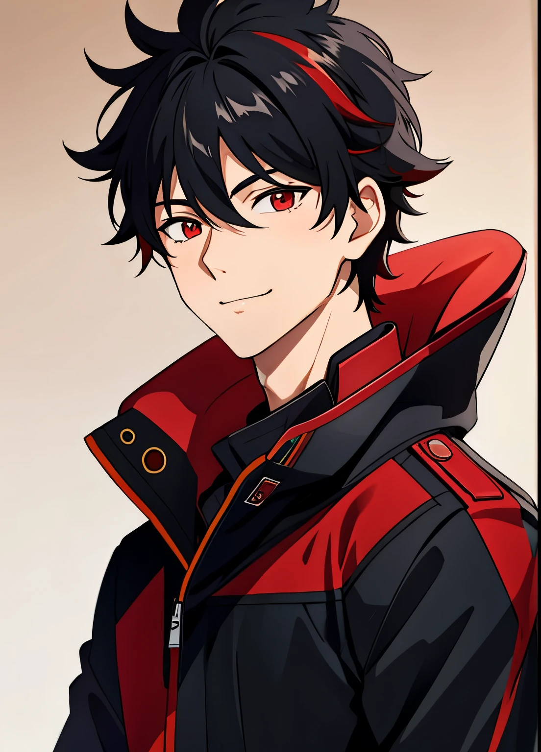 (high-quality, breathtaking),(expressive eyes, perfect face) 1boy, male, solo, young adult, black hair, red streaks in hair, red highlights, fire red eyes, soft wavy hair, short hair length, soft smile, spiky hair, fluffy hair, spiked up hair, black and red jacket, red shirt, confident smile, scars all over his body, age 17
