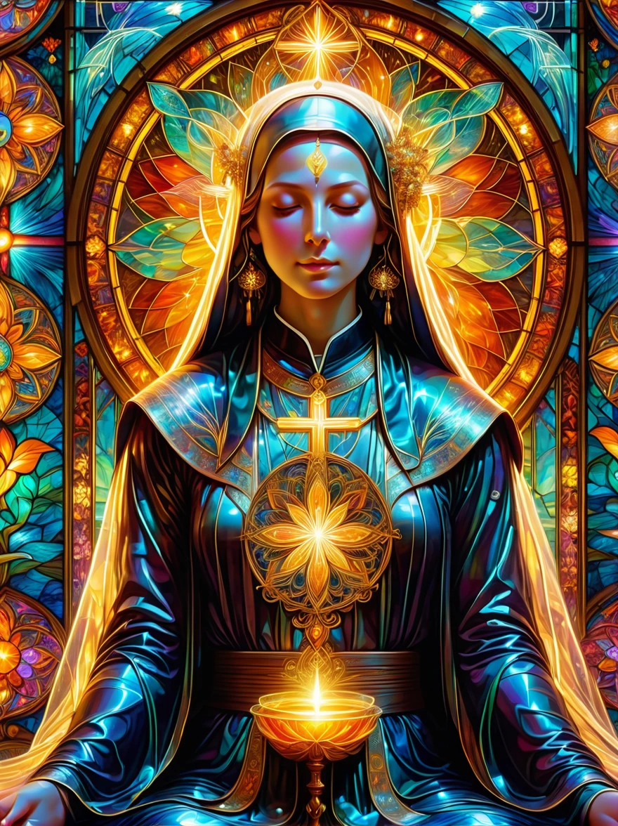((nun in beautiful church)),((Fractal internal structure design)),((fractal symmetry)),((Perfectly symmetrical stained glass window)), Centered symmetrical composition,Religious atmosphere,sacred tranquility,intricate details,peaceful atmosphere,calm expression,graceful posture,sacred silence,bright colors,Calm gaze,gentle brushstrokes,ethereal light,eternal beauty,quiet spirituality,Divine inspiration,Divine piety,thin coat of paint,delicate brushstrokes,subtle shades,Charming atmosphere,divine light,religious icons,Peaceful solitude,Enlightenment,devotional experience,meditative tranquility,deep tranquility,Realistic,Neon lights,(Liquid light background),(UHD, masterpiece, ccurate, anatomically correct, textured skin, super detail, high details, award winning, best quality, 8k)