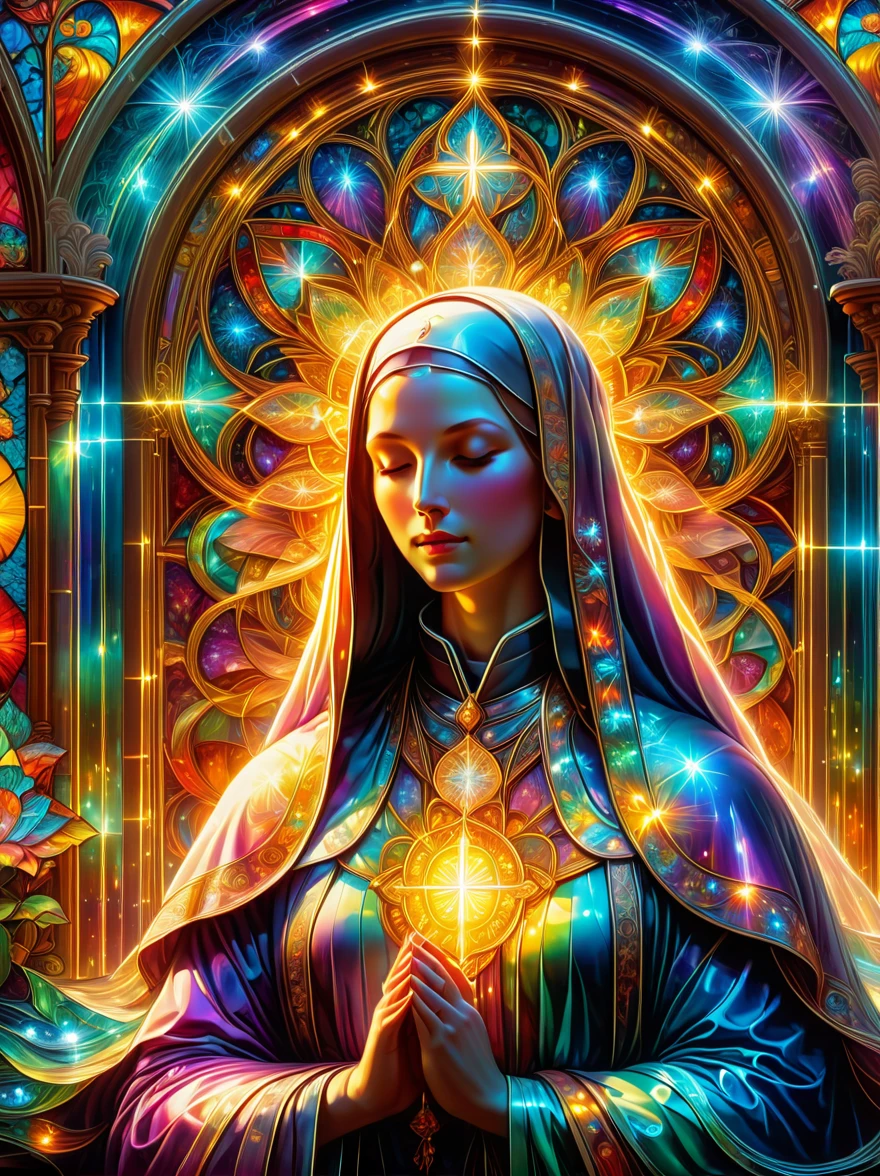 ((nun in beautiful church))，((Fractal internal structure design))，((fractal symmetry))，((Perfectly symmetrical stained glass window)), Centered symmetrical composition，Religious atmosphere，sacred tranquility，intricate details，peaceful atmosphere，calm expression，graceful posture，sacred silence，bright colors，Calm gaze，gentle brushstrokes，ethereal light，eternal beauty，quiet spirituality，Divine inspiration，Divine piety，thin coat of paint，delicate brushstrokes，subtle shades，Charming atmosphere，divine light，religious icons，Peaceful solitude，Enlightenment，devotional experience，meditative tranquility，deep tranquility，Realistic，Neon lights，(Liquid light background)，(UHD, masterpiece, ccurate, anatomically correct, textured skin, super detail, high details, award winning, best quality, 8k)