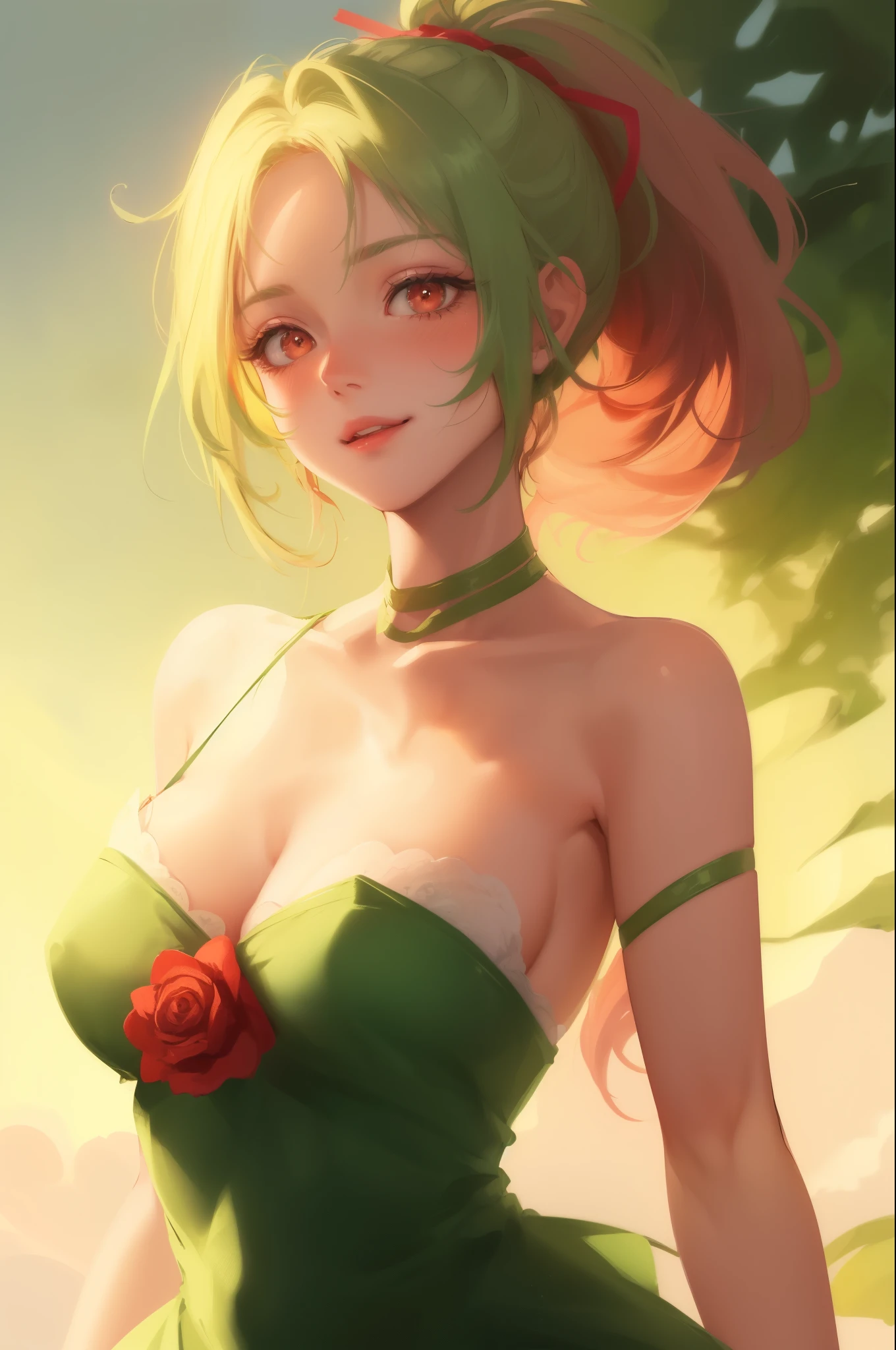 realistic, 1girl, ponytail, parted lips, (blush), (blushing face), makeup, (smile), green hair, glow, thighs, (red eye), (medium breasts), (perfect figure), bare shoulders, wear beautiful dress, collarbone, narrow waist, sunbeam, sunlight, rose, wind, cleavage, (masterpiece), sweat