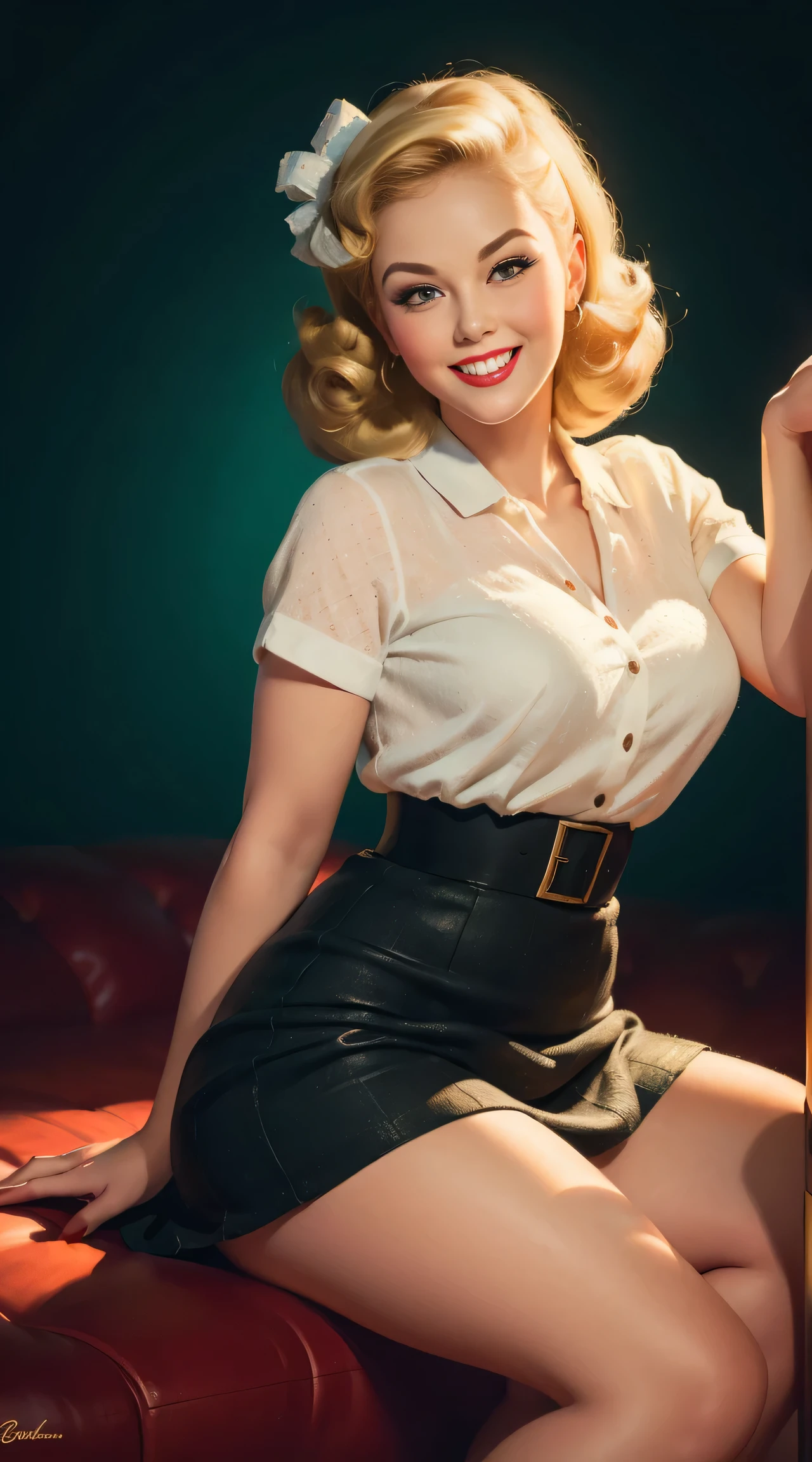 (masterpiece:1.4), (best quality:1.4), retro vintage pin-up style, extremely detailed, intricate, hyper-detailed, illustration, soft lighting, 20 years old pin-up girl, 60's retro style, Blonde hair, doted skirt, bend over, grin, (perfect_face), sitting on the bad, ornate, intricate, dramatic lighting, 4k, detailed_background, full_body, digital_illustration