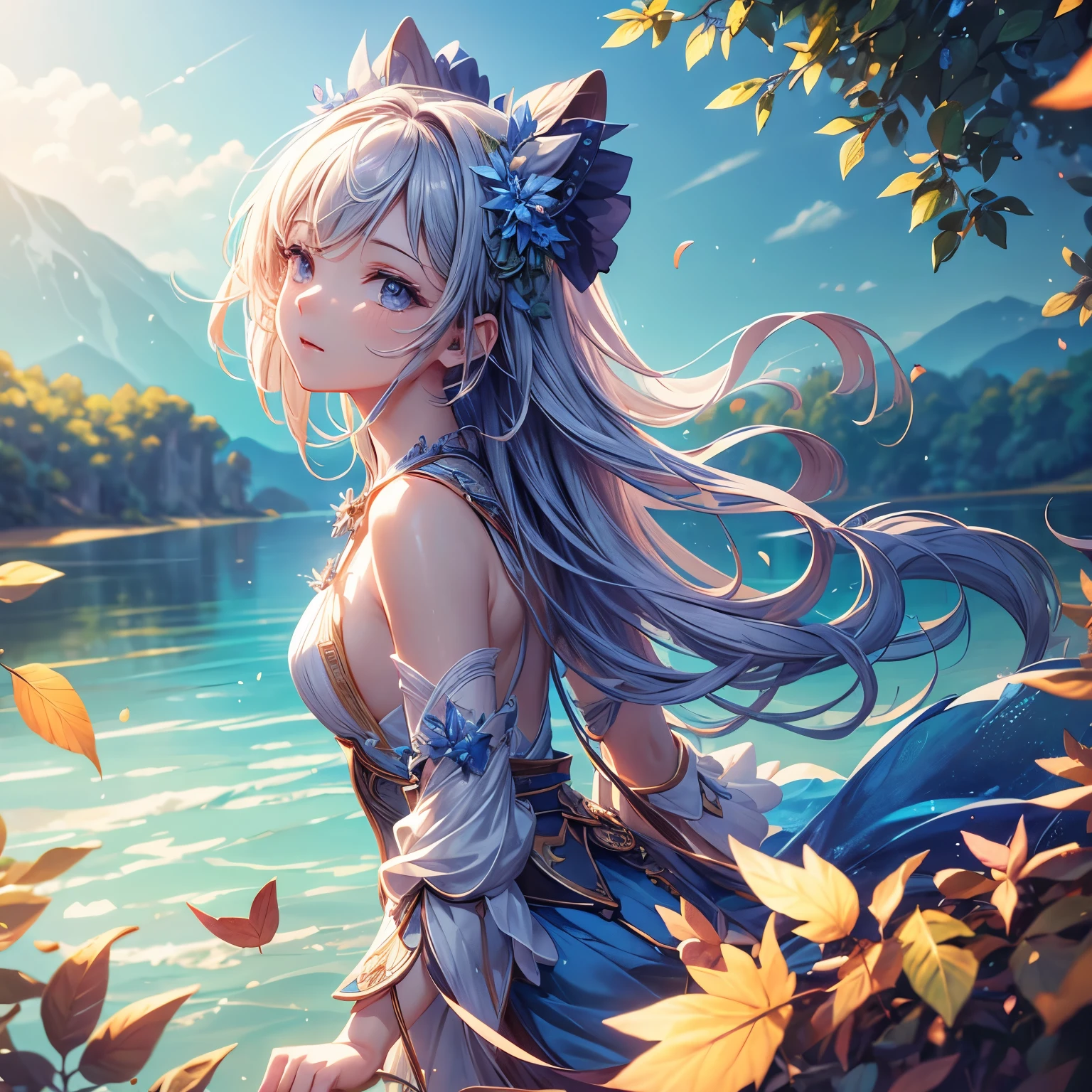 masterpiece, best quality, (Very detailed CG Unity 8k wallpaper) (best quality), (Best Illustration), (Best shadows) nature&#39, blue sea,Delicate leaf petals of various colors falling in the sky ray traced, Super detailed