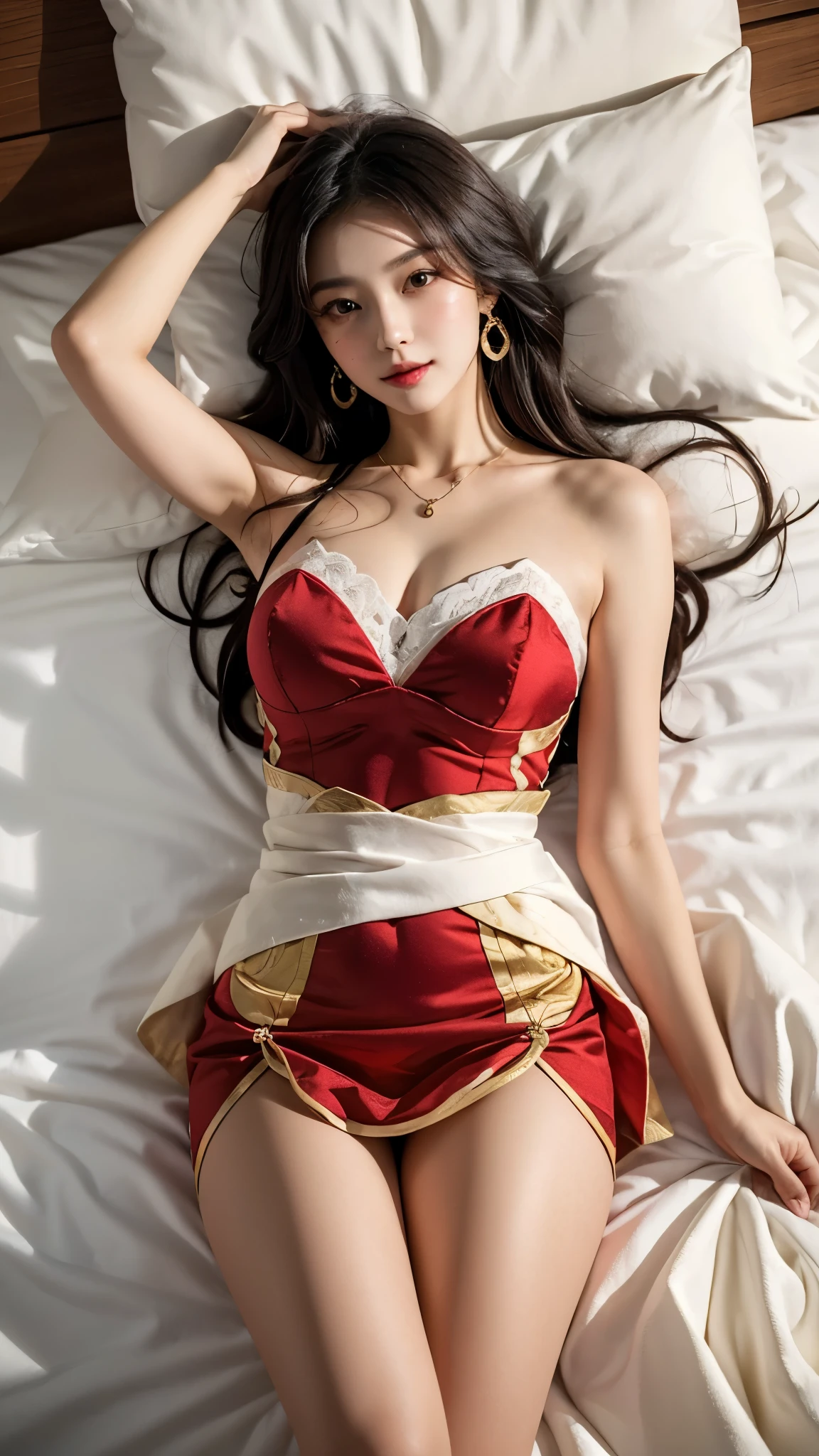 Ahri_Cosplay, White Tails, Black long hair, yellow eyes, ((Presented from a bird's eye view)), Asian female model, A young girl, posing elegantly, ((Lie flat on the bed)), posing elegantly, Detailed scenes, Long messy hair, Brownish-yellow hair, light make-up, Blushlush, pretty legs, (Extremely high color saturation), Detailed details, ultra-detailliert, (tmasterpiece, best qualtiy), (An extremely delicate and beautiful work), Delicate earrings, Delicate necklace, Simple blurred background, Extreme detail description, Ultra-fine painting, Delicate face, slim toned body, Slimming the waist, (ssmile), (anatomy correct)