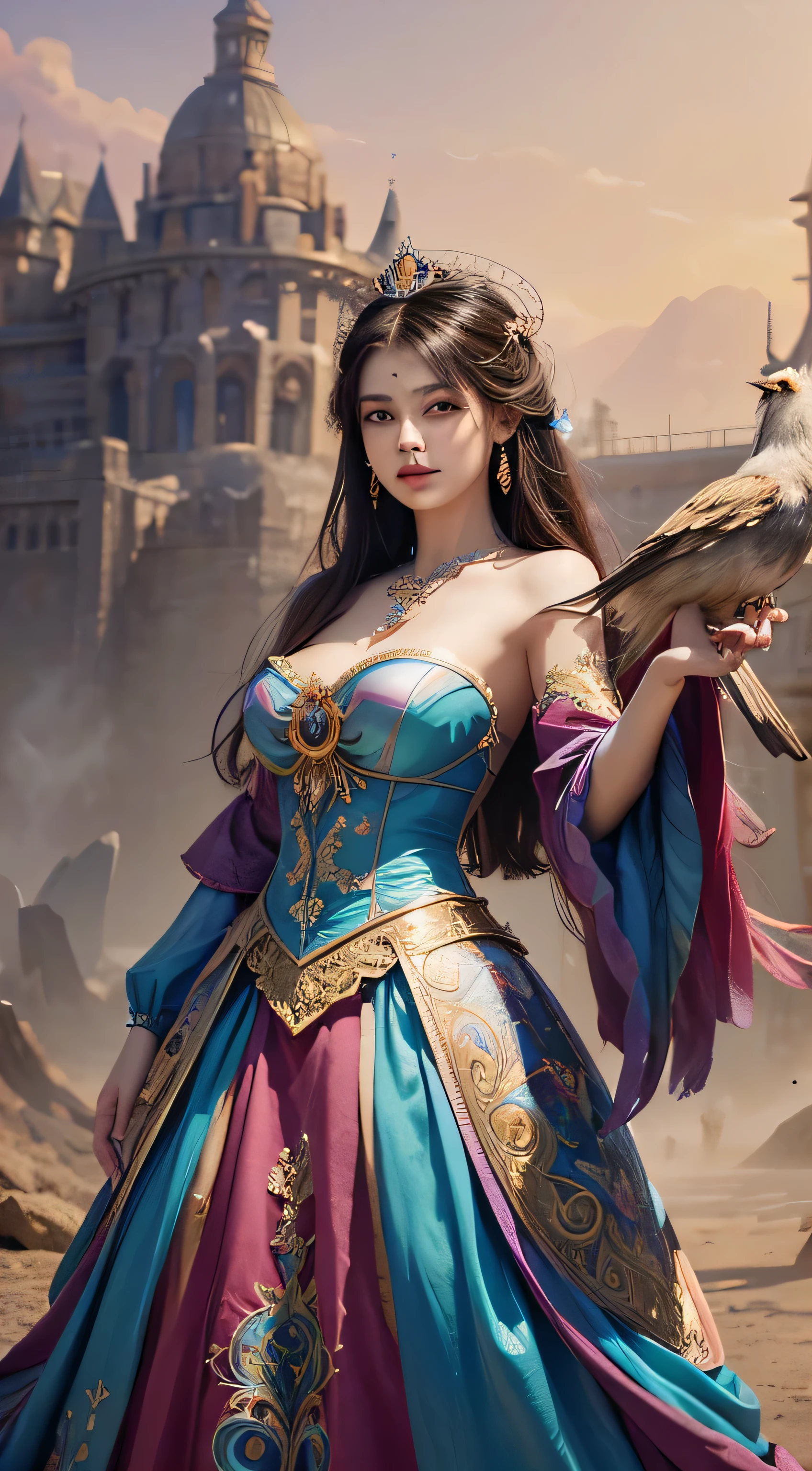 a woman in a colorful dress holding a large bird, 8k high quality detailed art, a beautiful fantasy empress, detailed digital, , 4k highly detailed digital art, detailed fantasy digital art, colorfull digital fantasy art, detailed painting 4 k, 2. 5 d  fantasy artwork, fantasy illustration, beautiful digital artwork,FULL HD,16K