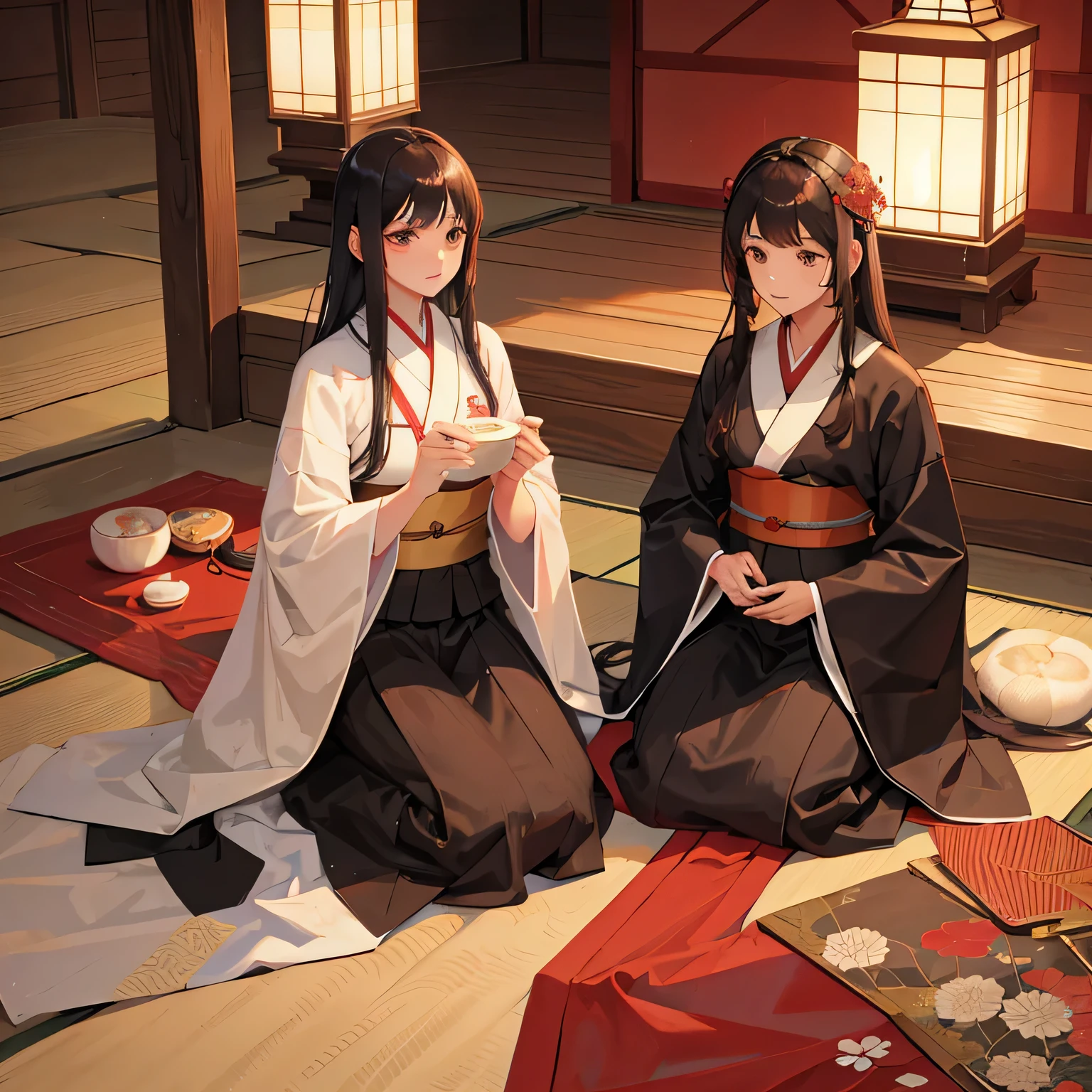 Alte japanische Schwestern, Langes Haar schwarz, Kimono,braune Augen,Prinzessinnen