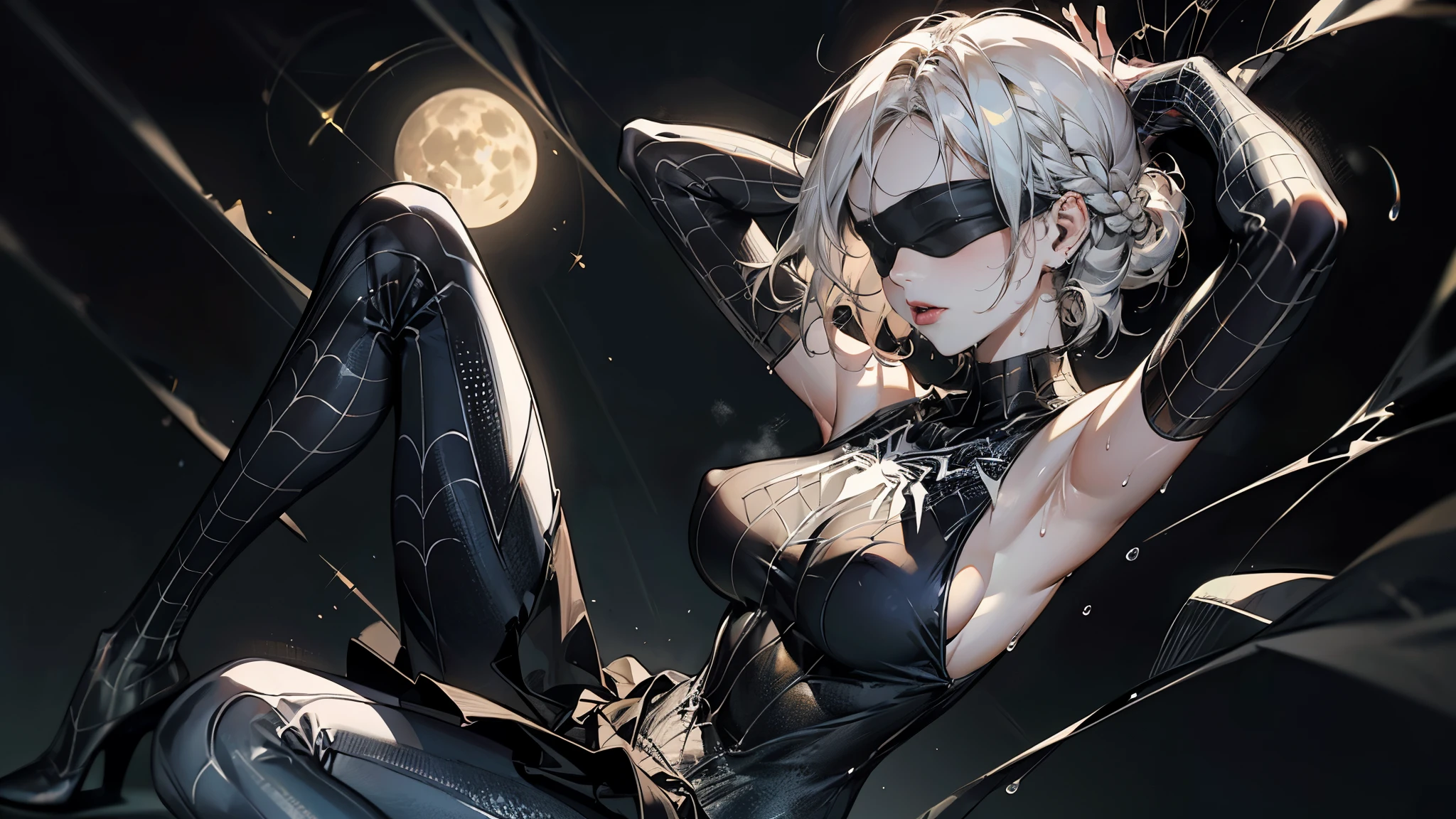 ((Best quality, 8K, Masterpiece: 1.3, 1girl, Beautiful girl)), cute, Dynamism, Detailed face, Detailed skin, detailed clothes, Detailed eyes, Detailed lips, Detailed tongue, Detailed fingers, Detailed mouth, Photorealistic, Raw photo, highres, Natural lighting, dynamic pose, perfect anatomy, toned legs, double eyelids, tear bags, round eyes, moist lips, sweaty, (sleeveless, white Spider-Man costume), sideboob, skirt, half closed eyes, steam:1.5, sheer, wet clothes, big yellow moon, white spiderweb, rainbow hair, white hair, braided hair, ((blindfold)), (nipples), arms up