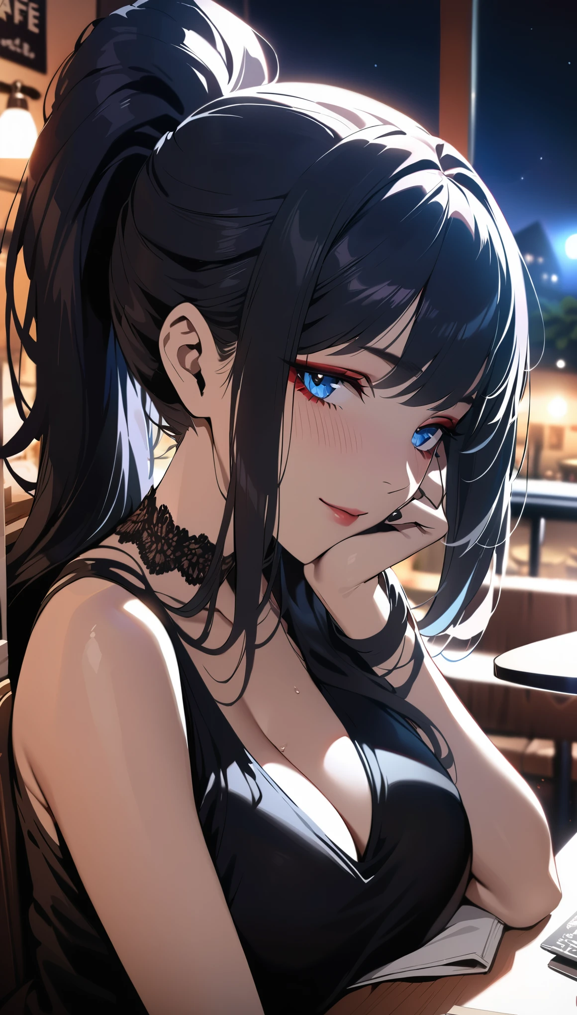 (((masterpiece))), ((best quality)), perfect lighting, detailed skin, perfect face, hyper realistic detailed 2d anime art, 1girl, adult, black ponytail, blue eyes, light smile, embraced, large breasts, open top, shirt, sit, cafe, night, upperbody, face shot, hand on face, makeup, black nails, lipstick, close to viewer