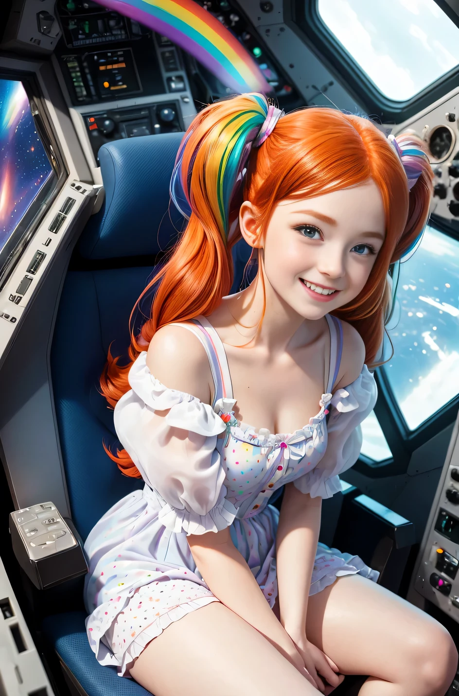 Best Quality, Masterpiece, 8k, RAW (overhead view) ((Cute redhead with rainbow colored hair tips:1.2)), ribbons in her hair, 18-year-old woman, happy, excited expression, smiling, in twin tails, perfect eyes, clear sparkling blue eyes, pale skin, silky smooth skin, porcelain white skin, flying a fancy metal luxurious space ship, futuristic cockpit, she's a pilot laying in her pilot chair, outer space seen in windows, the vastness of space, dark warm lighting, wearing a futuristic party dress, pleated (chemise) mini dress (pastel rainbow colors, and polka dots), puffy sleeves, silk, wearing full body pantyhose.