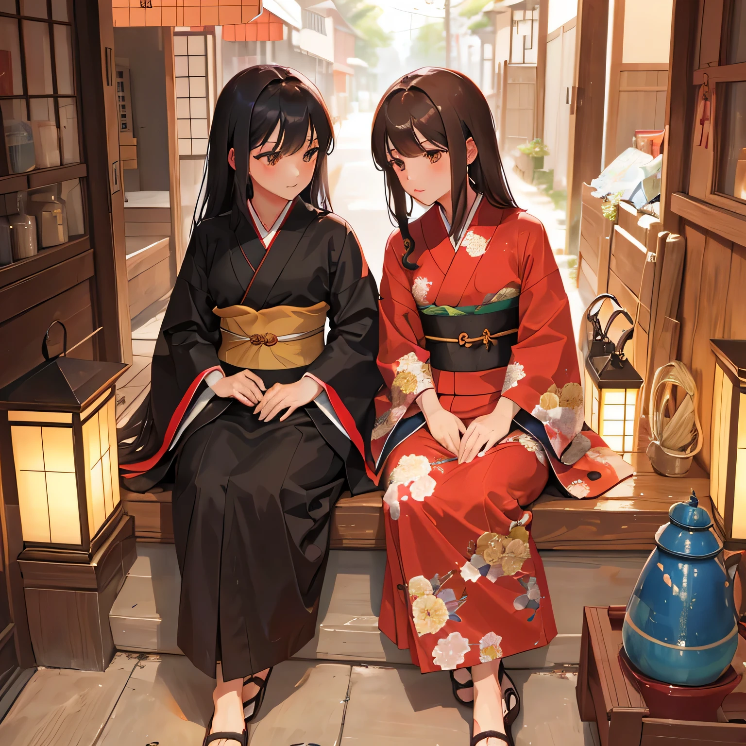 Alte japanische Schwestern, Langes Haar schwarz, Kimono,braune Augen